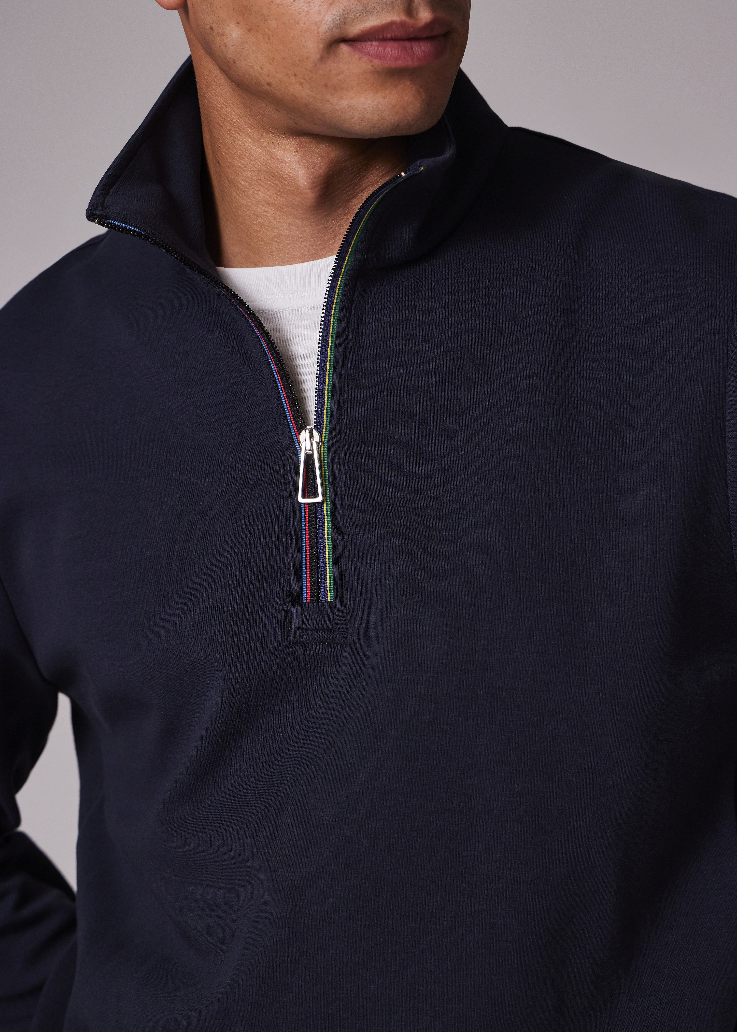 Navy Cotton-Blend 'Sports Stripe' Trim Quarter Zip Sweatshirt - 5