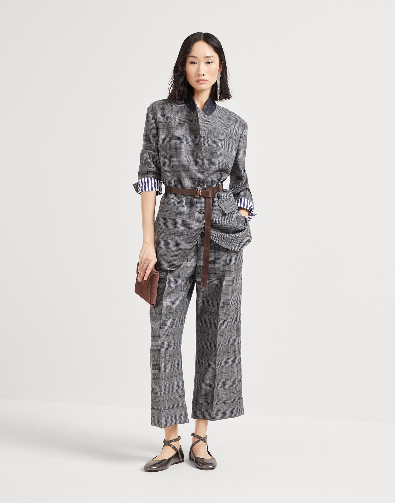 Virgin wool Prince of Wales blazer with leather belt and monili - 5