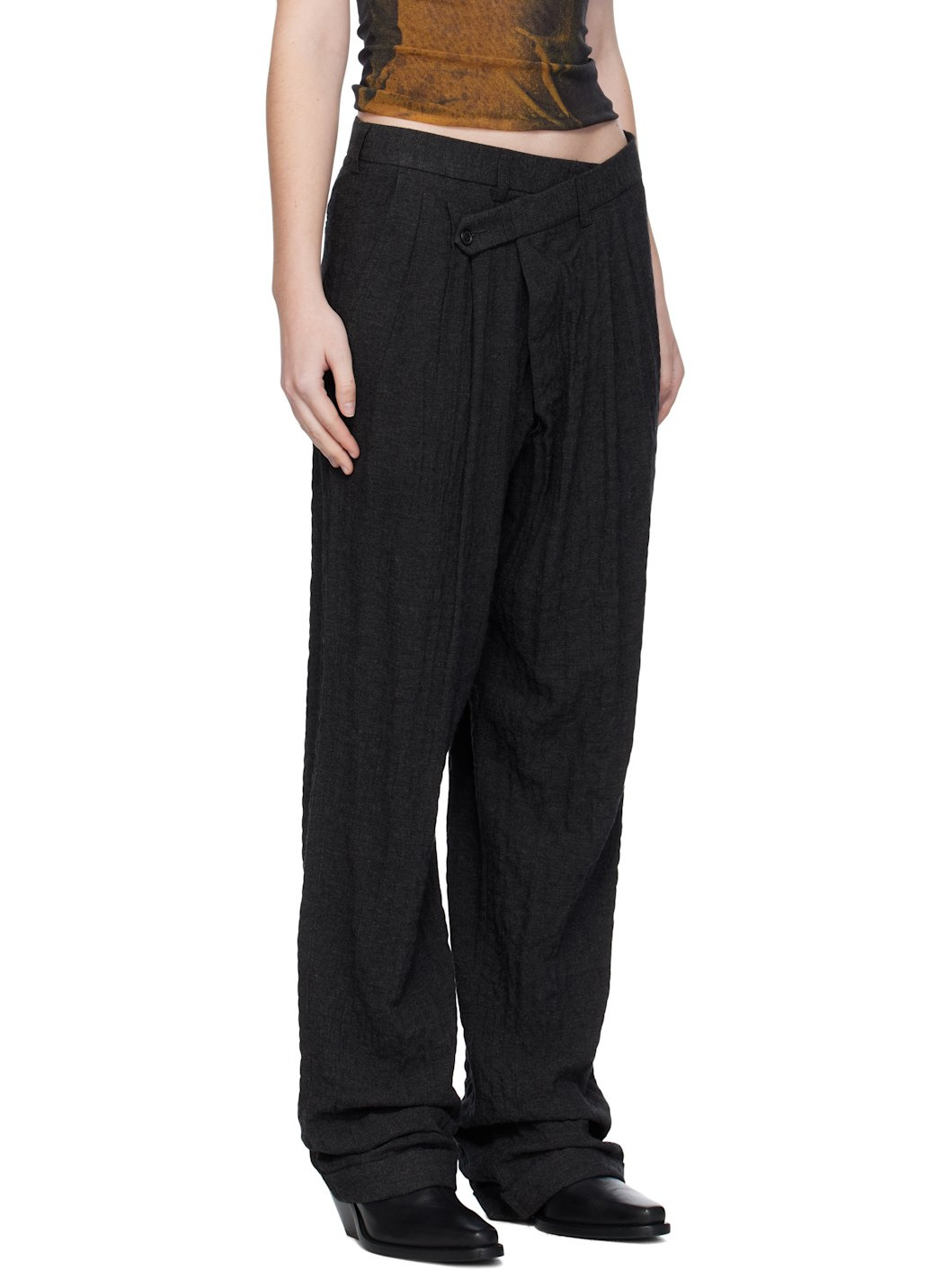 Black Tripe Pleat Crossover Trousers - 2