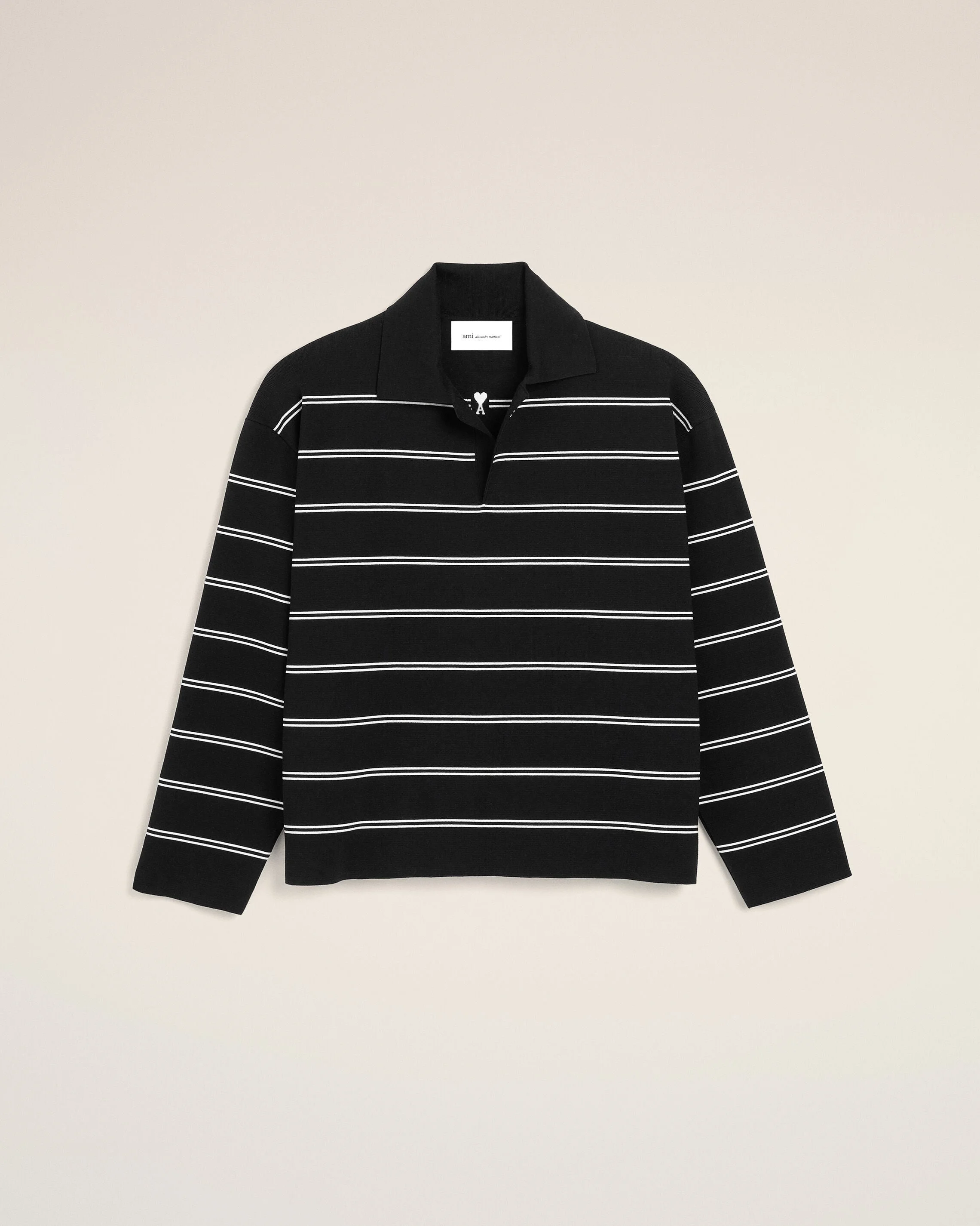 BLACK STRIPED COTTON POLO WITH AMI PATCH - 1