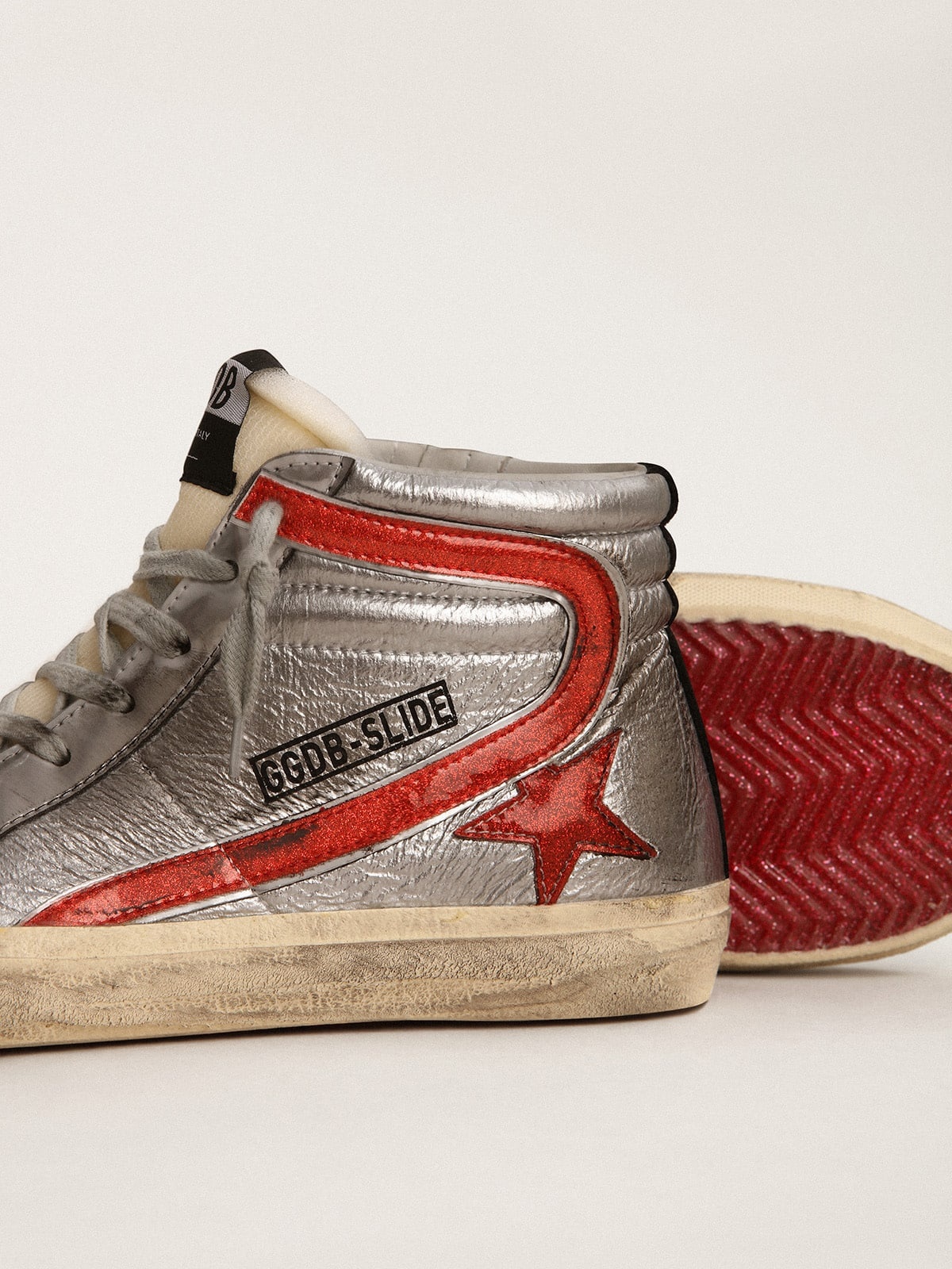 Women’s Slide with silver metallic leather upper and red metallic leather flash - 3