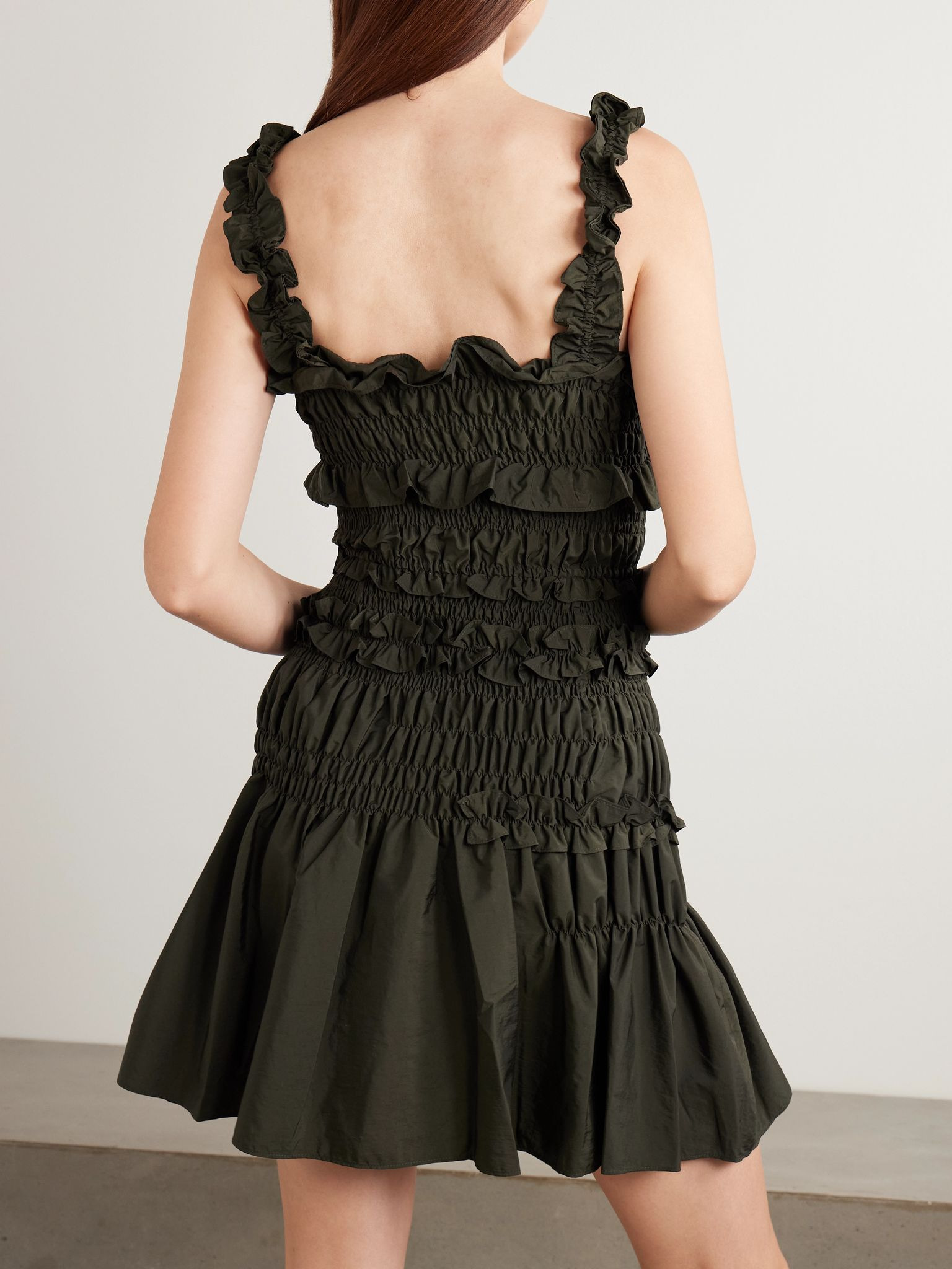Oona shirred ruffled taffeta mini dress Forest green - 3