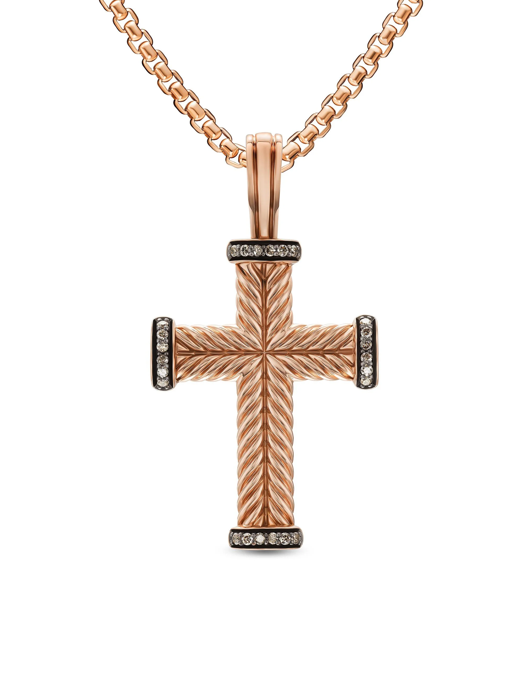 Men's Chevron Cross Pendant in 18K Rose Gold - Cognac Diamond - 1