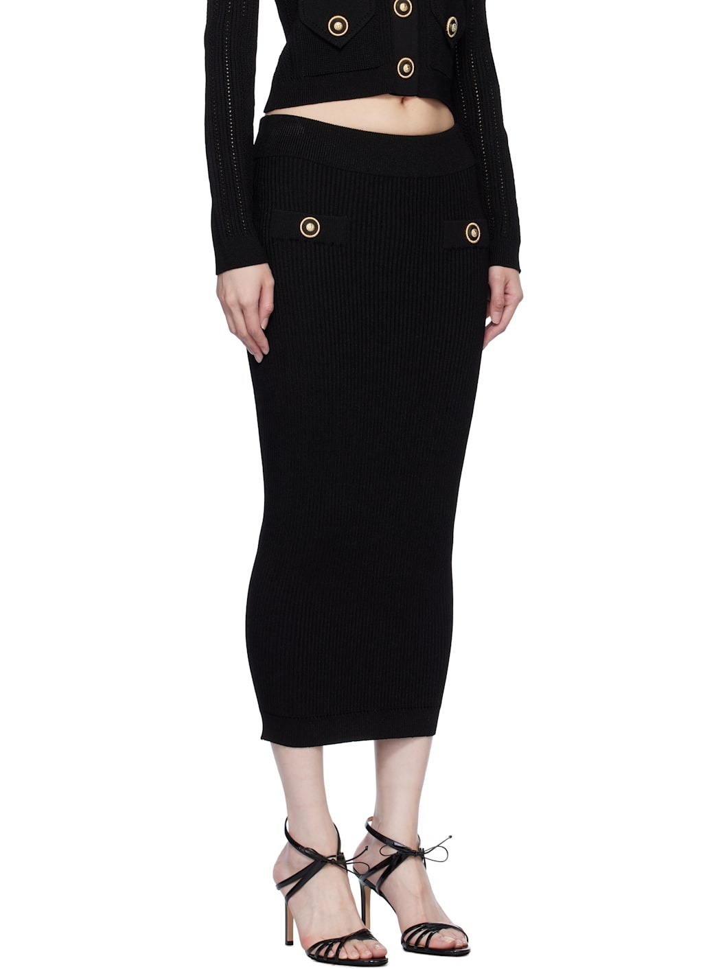 Black Plain Ribbed Knit Midi Skirt - 2