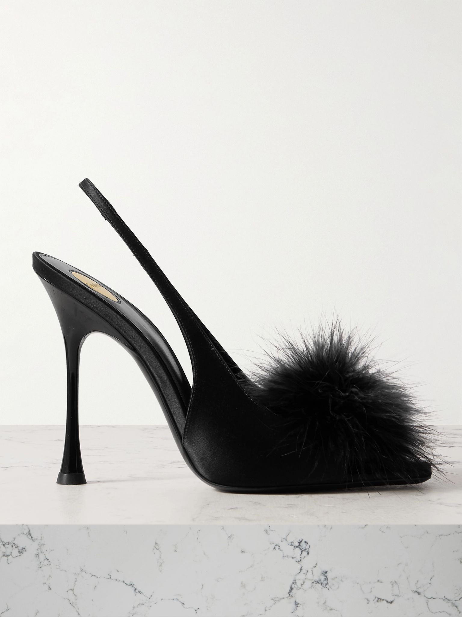 Paradis feather-trimmed satin slingback sandals Black - 1