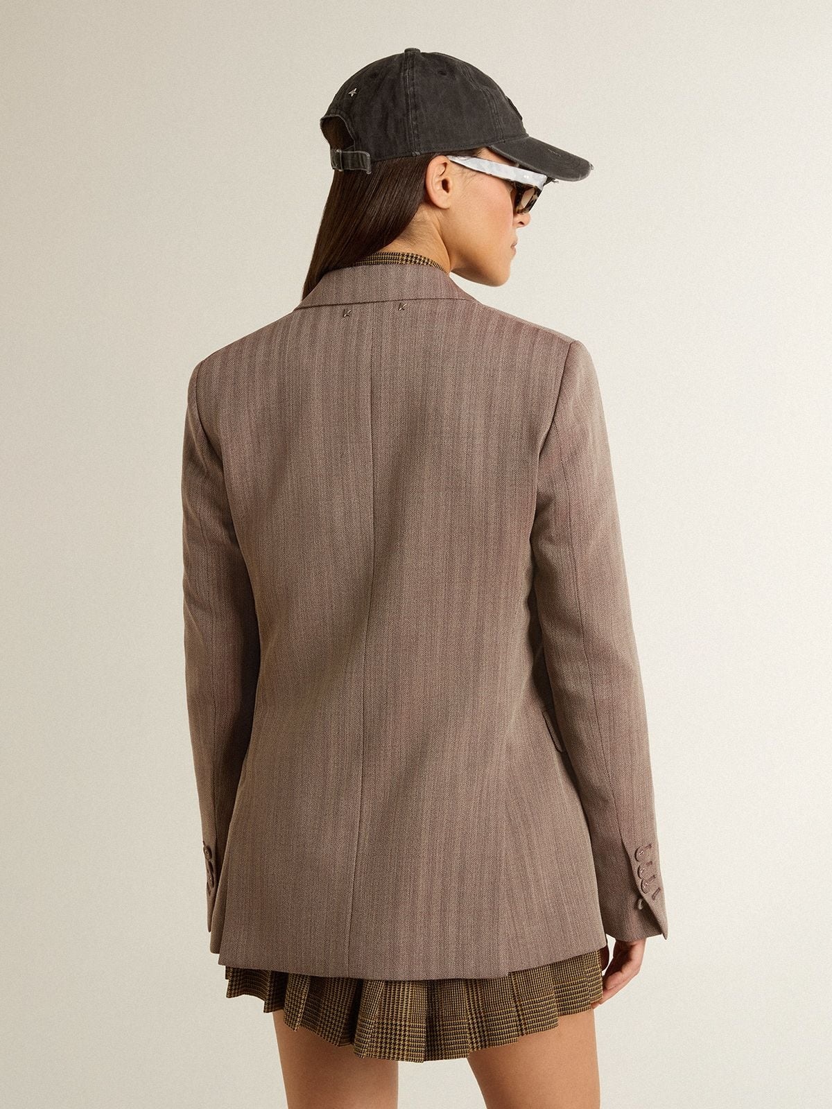 Women's double-breasted blazer in beige chevron wool blend - 4
