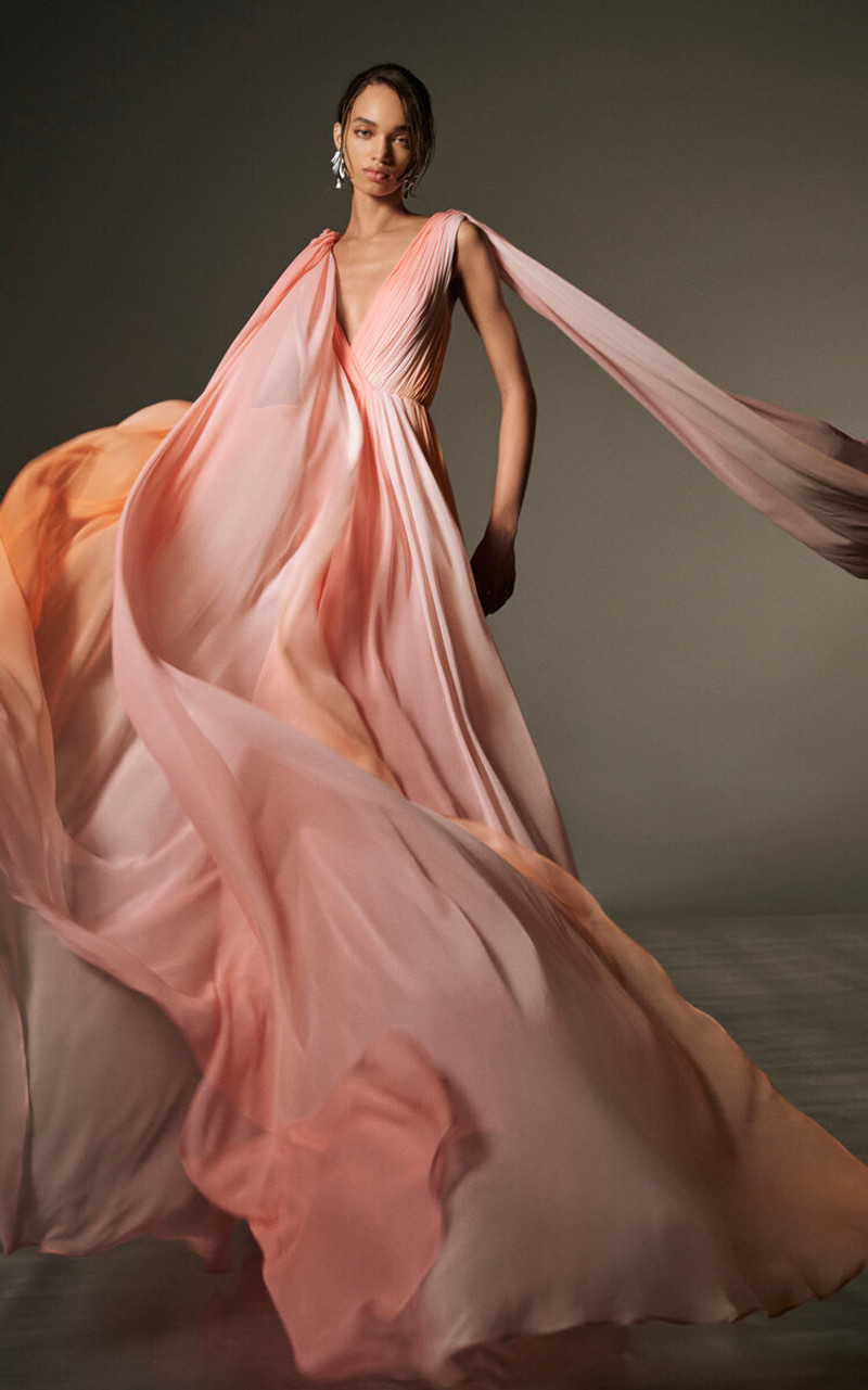 Monique Lhuillier V-Neck Silk Pleated Gown With Streamers multi outlook