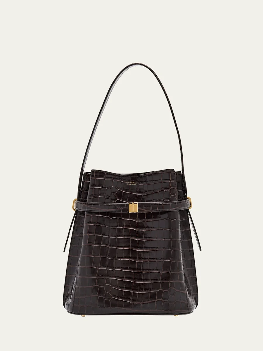 Belted Croc-Embossed Leather Bucket Bag - 1