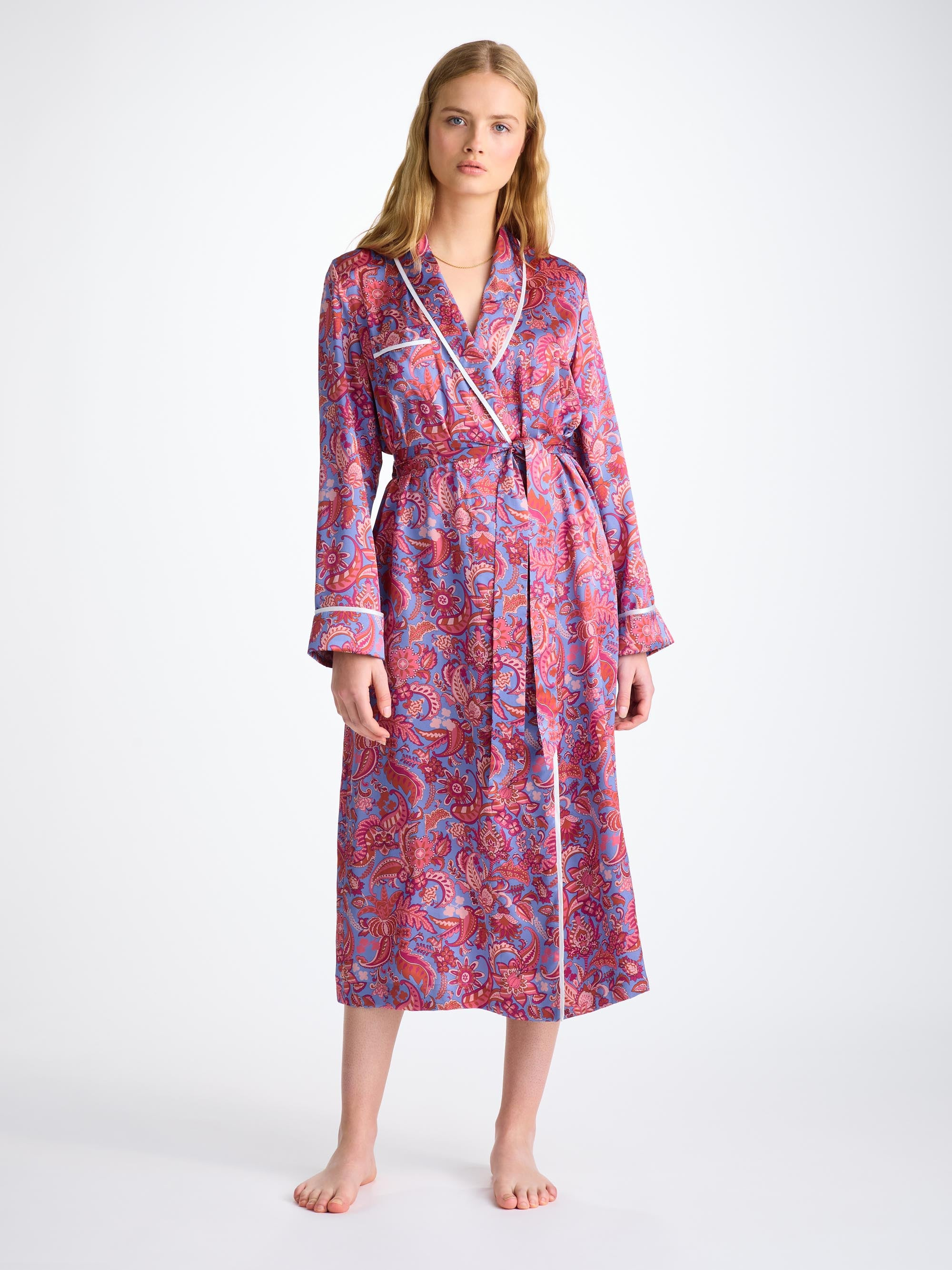 Women's Long Robe Silk Satin Amethyst Jungle Paisley Pattern - 3