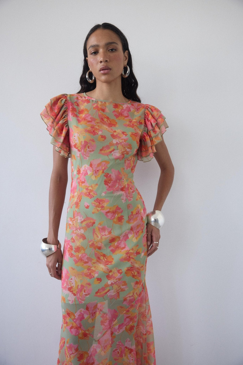 De La Vali BOUGAINVILLEA CHIFFON MAXI DRESS IN SAGE FLORAL outlook