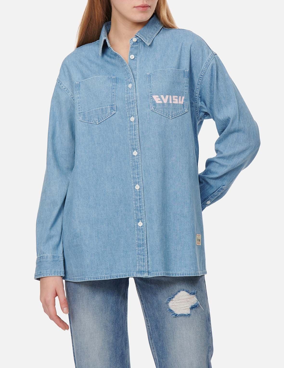 FORTUNE CAT WITH DARUMA PRINT DENIM SHIRT - 4