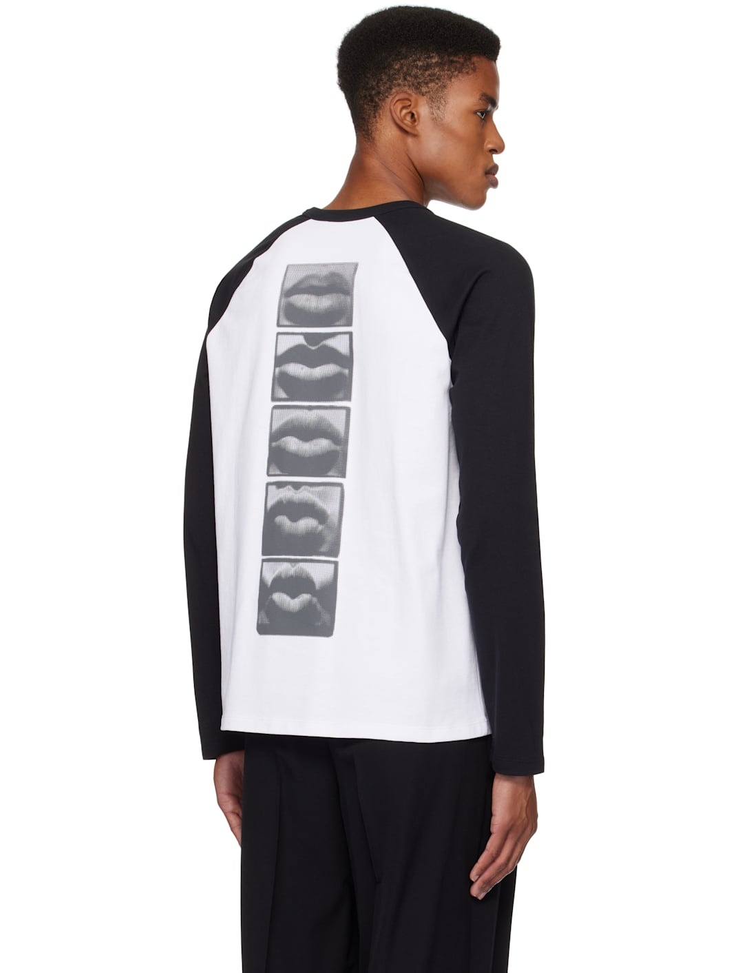 White & Black Lips Print Raglan Long Sleeve T-shirt - 3