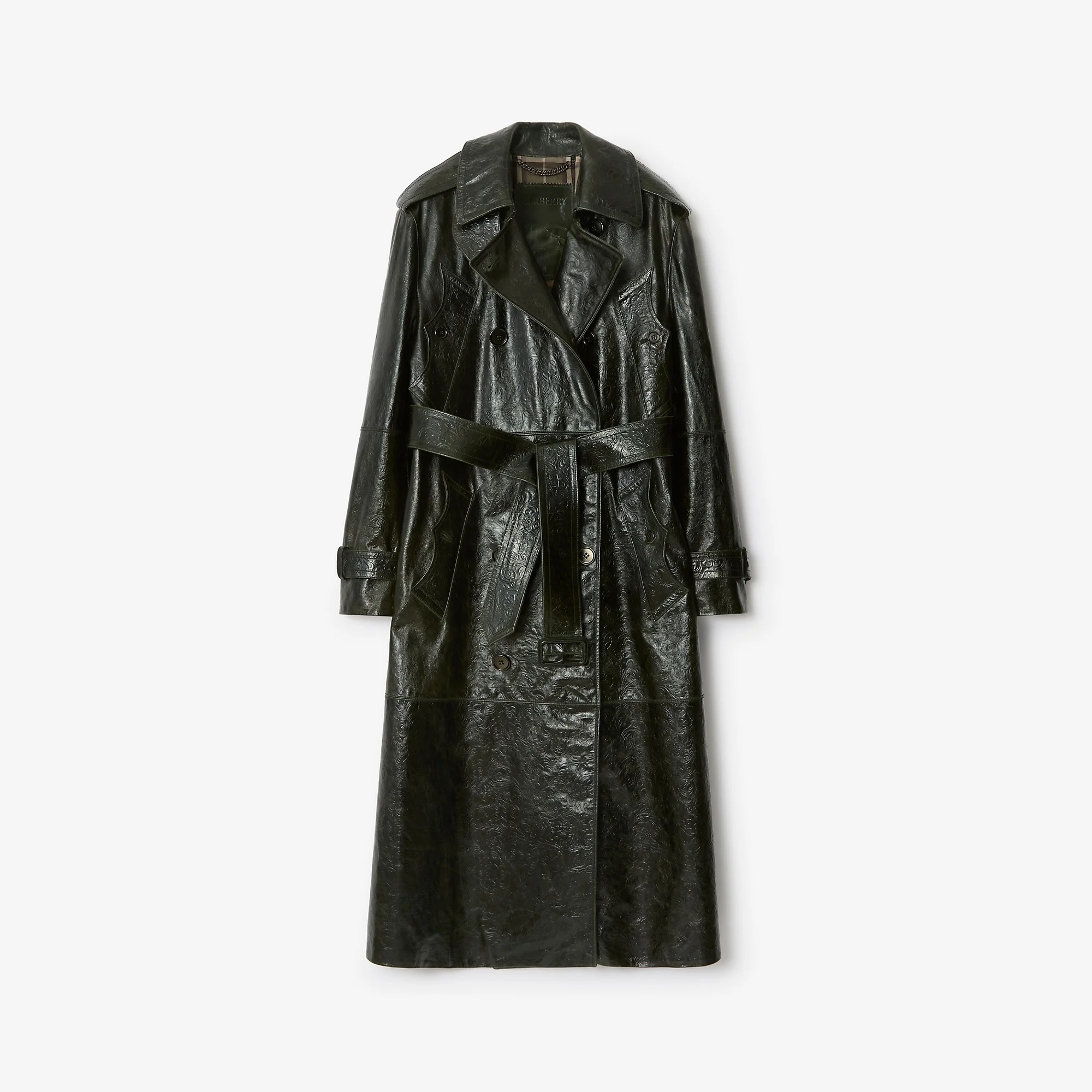 Long Embossed Leather Trench Coat - 1