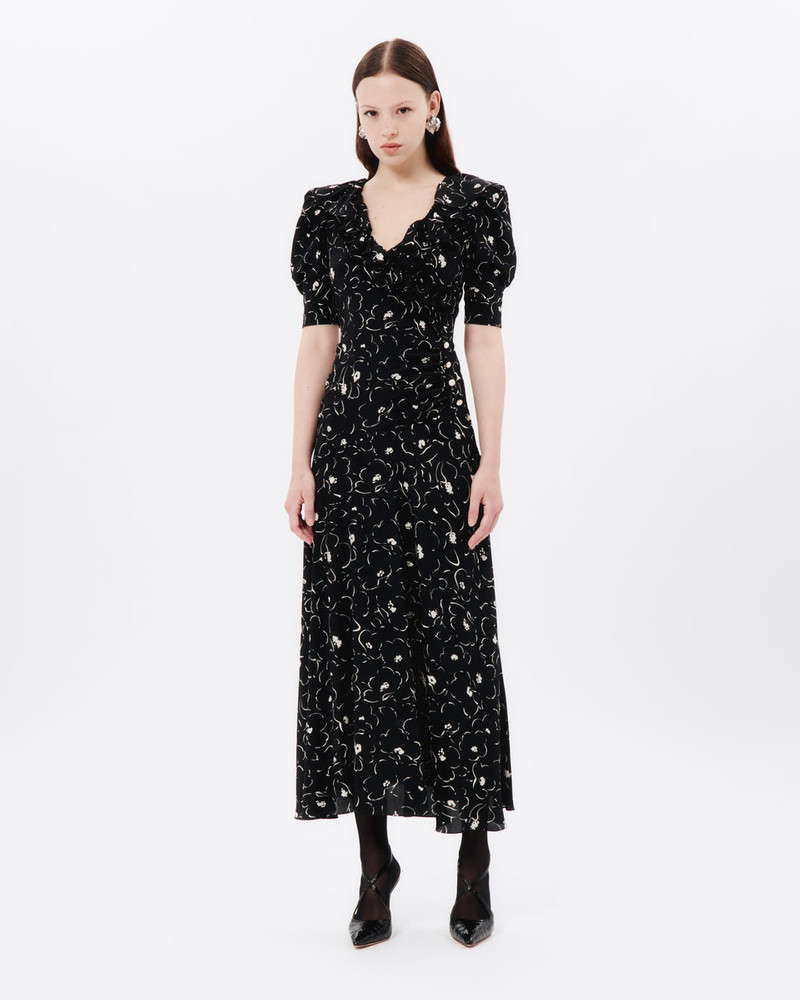 Alessandra Rich FLORAL PRINT SILK DRESS WITH V RUFFLE COLLAR outlook