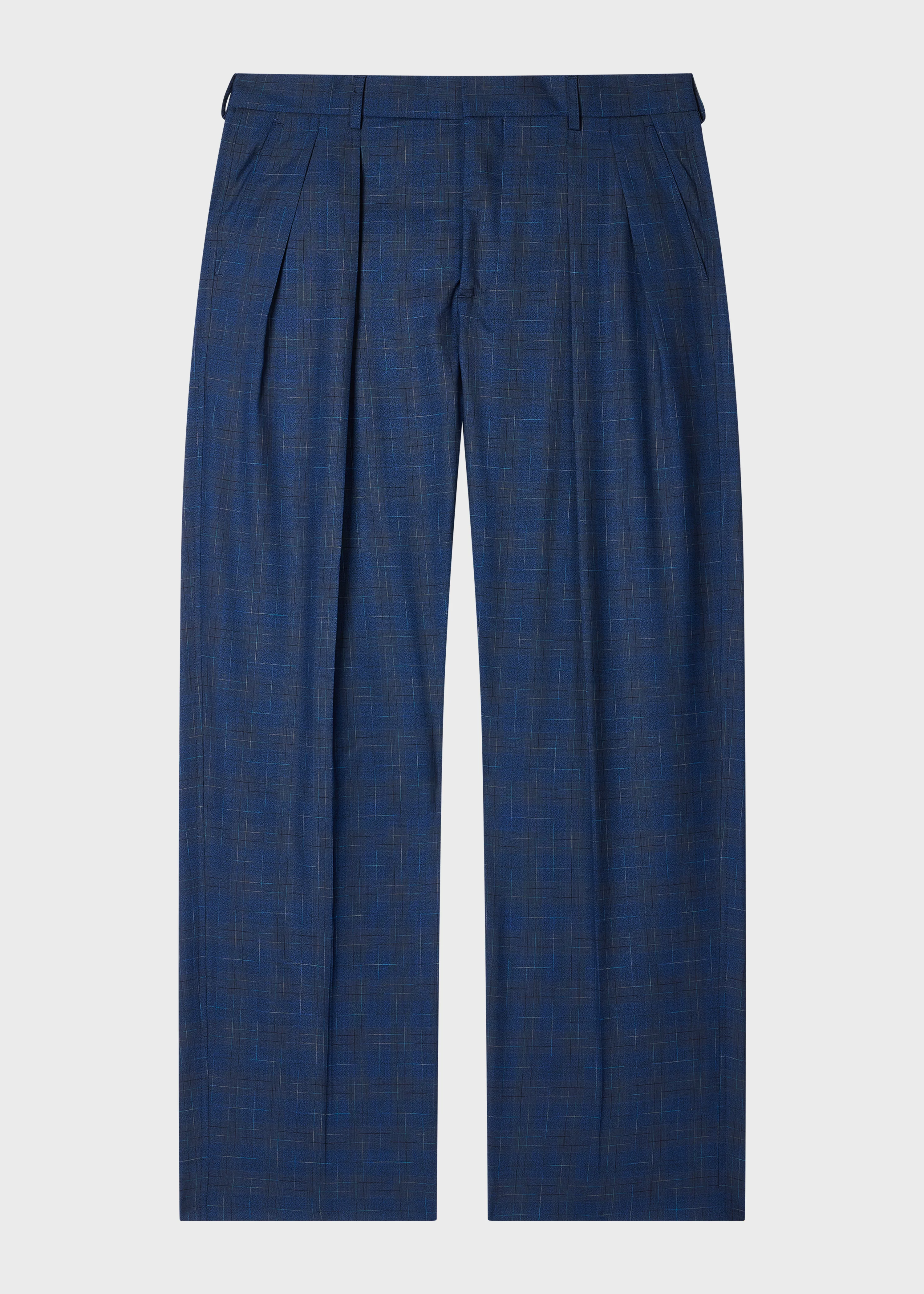 Navy Space-Dye Check Wool Pleated Trousers - 1