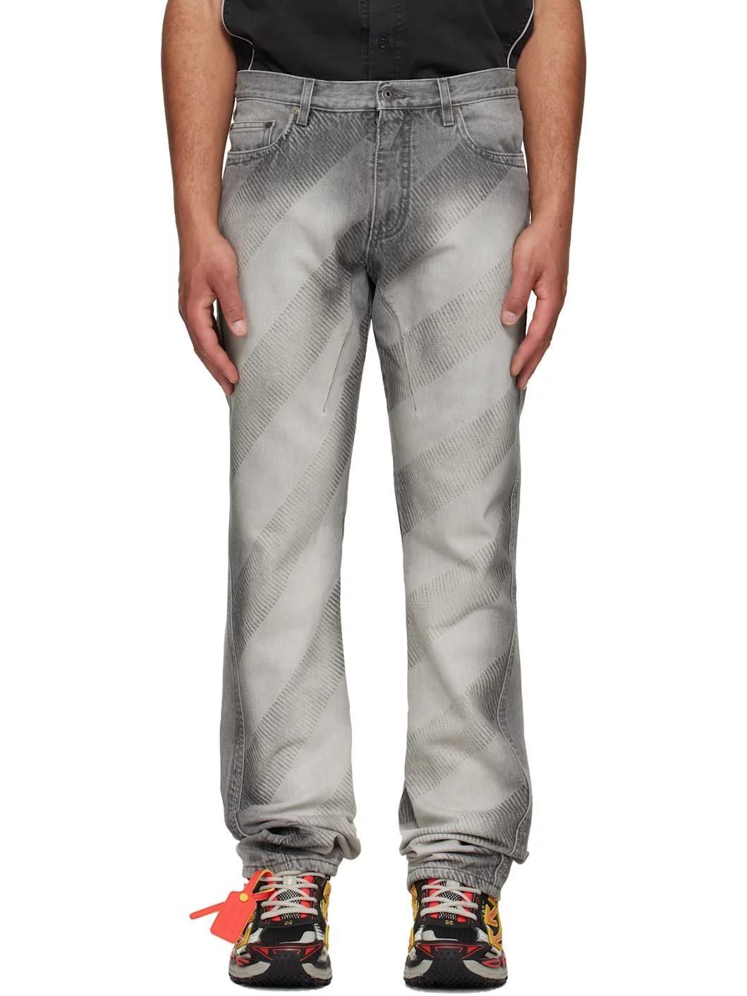 Gray Diagonal Embroidered Twist Stack Jeans - 1