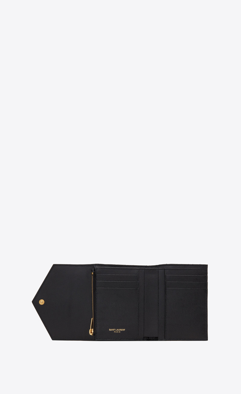 SAINT LAURENT envelope compact tri fold wallet in mix matelassé grain de poudre embossed leather outlook