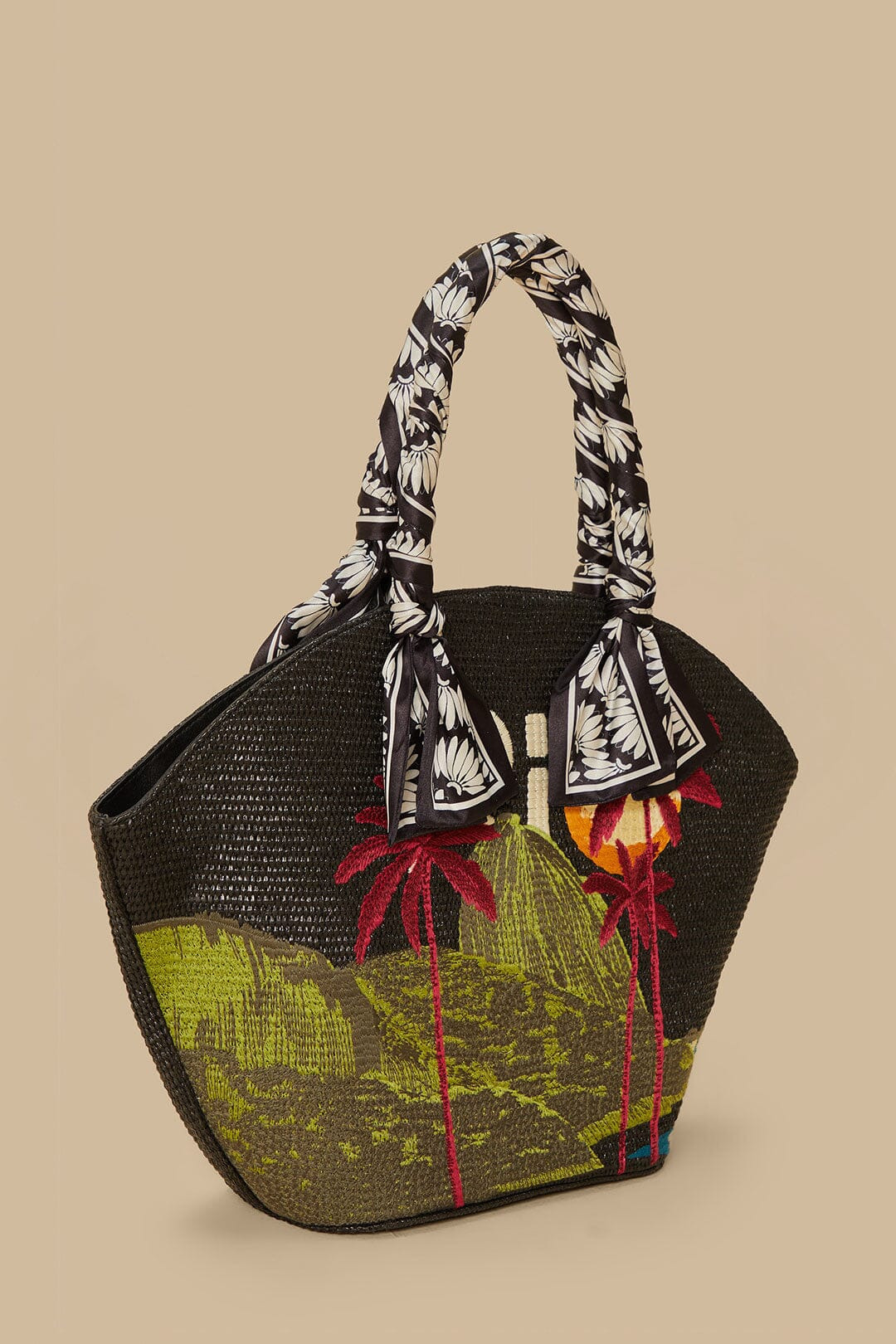 FARM RIO Black Copacabana Raffia Shell Tote | REVERSIBLE