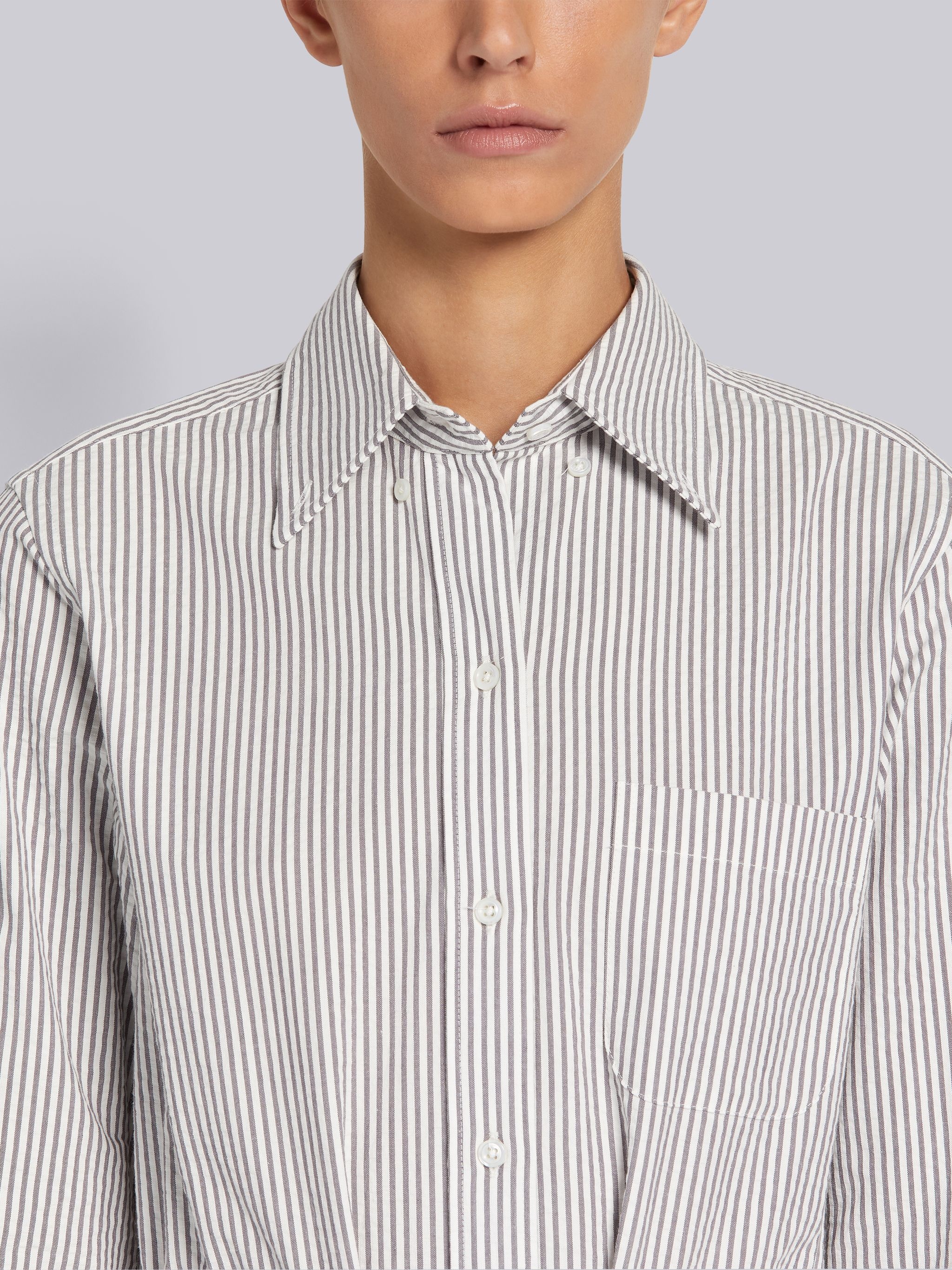 Medium Grey Cotton Seersucker Grosgrain Belt Long Sleeve Below the Knee Shirtdress - 4