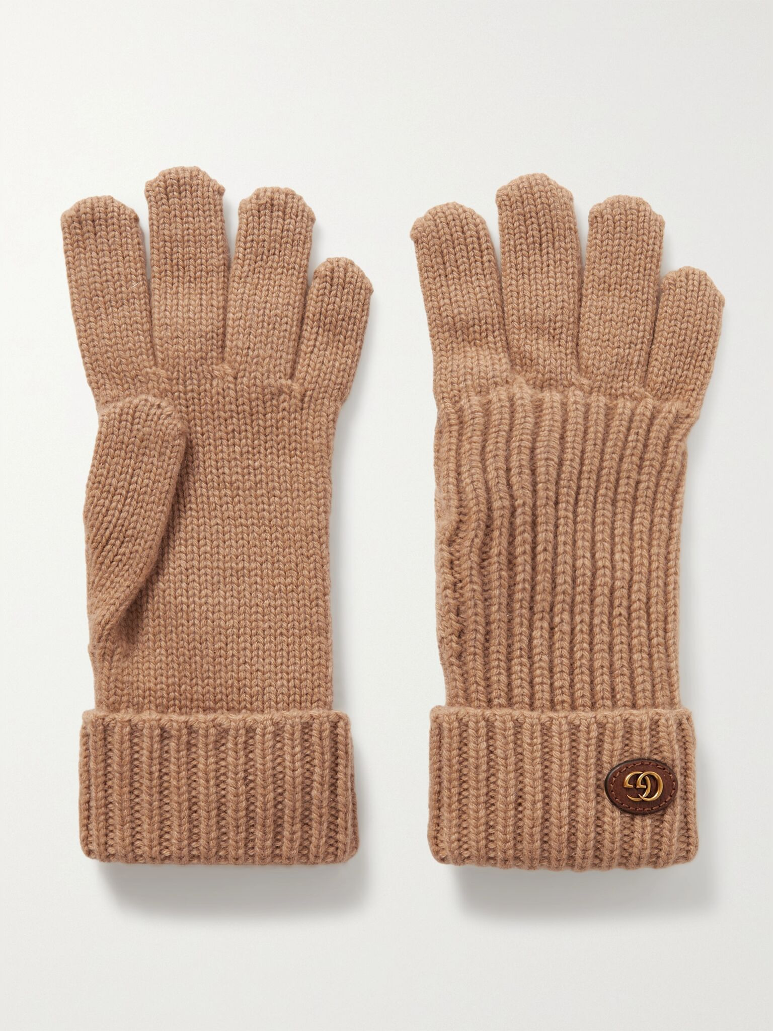 Embellished leather-trimmed wool and cashmere-blend gloves Camel - 1