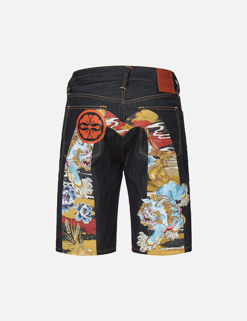 EVISU VINTAGE KOMAINU PAINTING DAICOCK PRINT DENIM SHORTS outlook