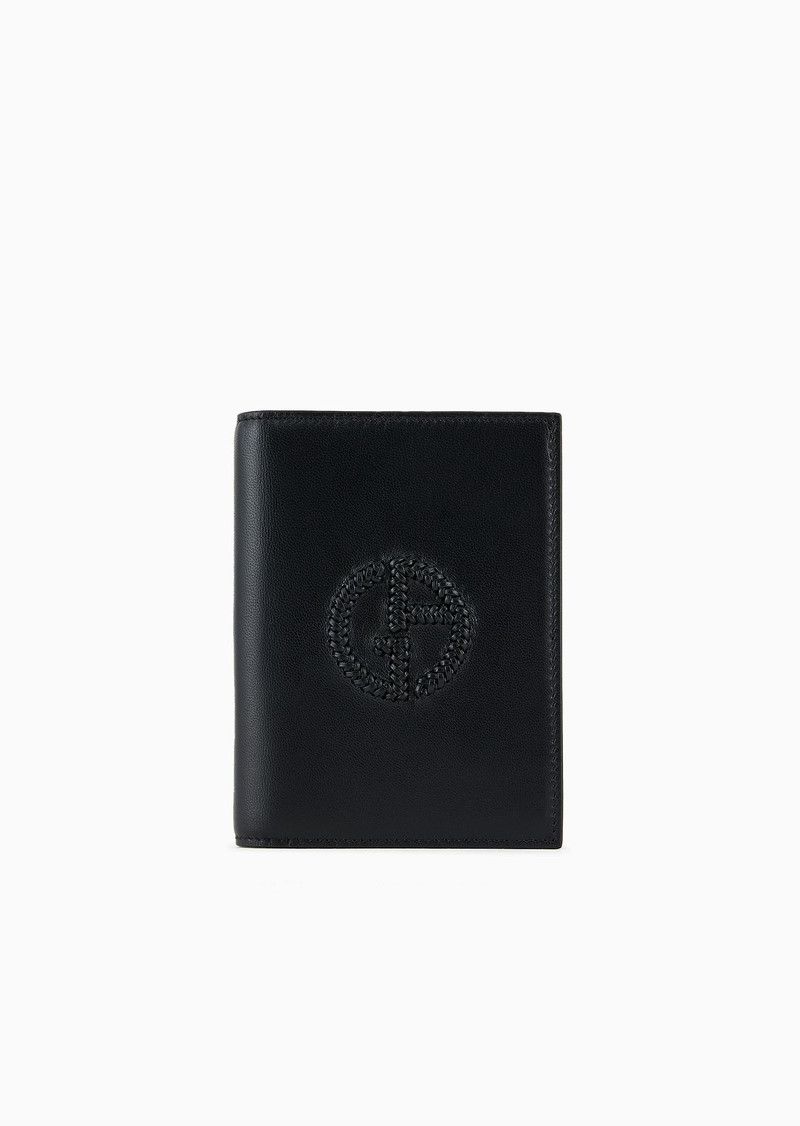 Leather bifold passport holder with embroidered logo 1