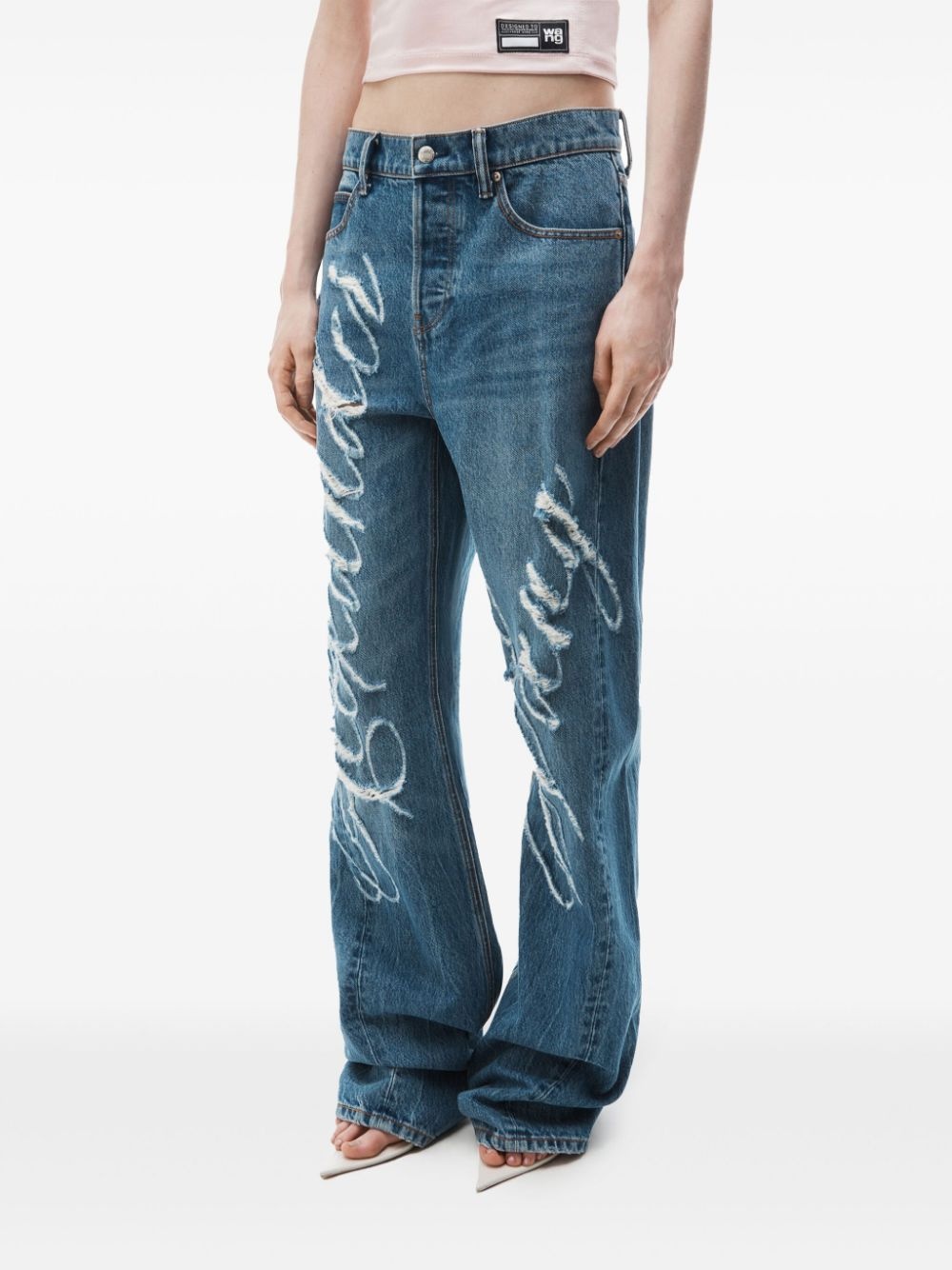 logo-frayed wide-leg jeans - 3