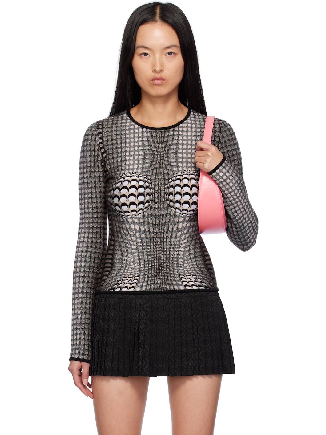 Gray Moon Skin Jacquard Knit Fitted Sweater - 1