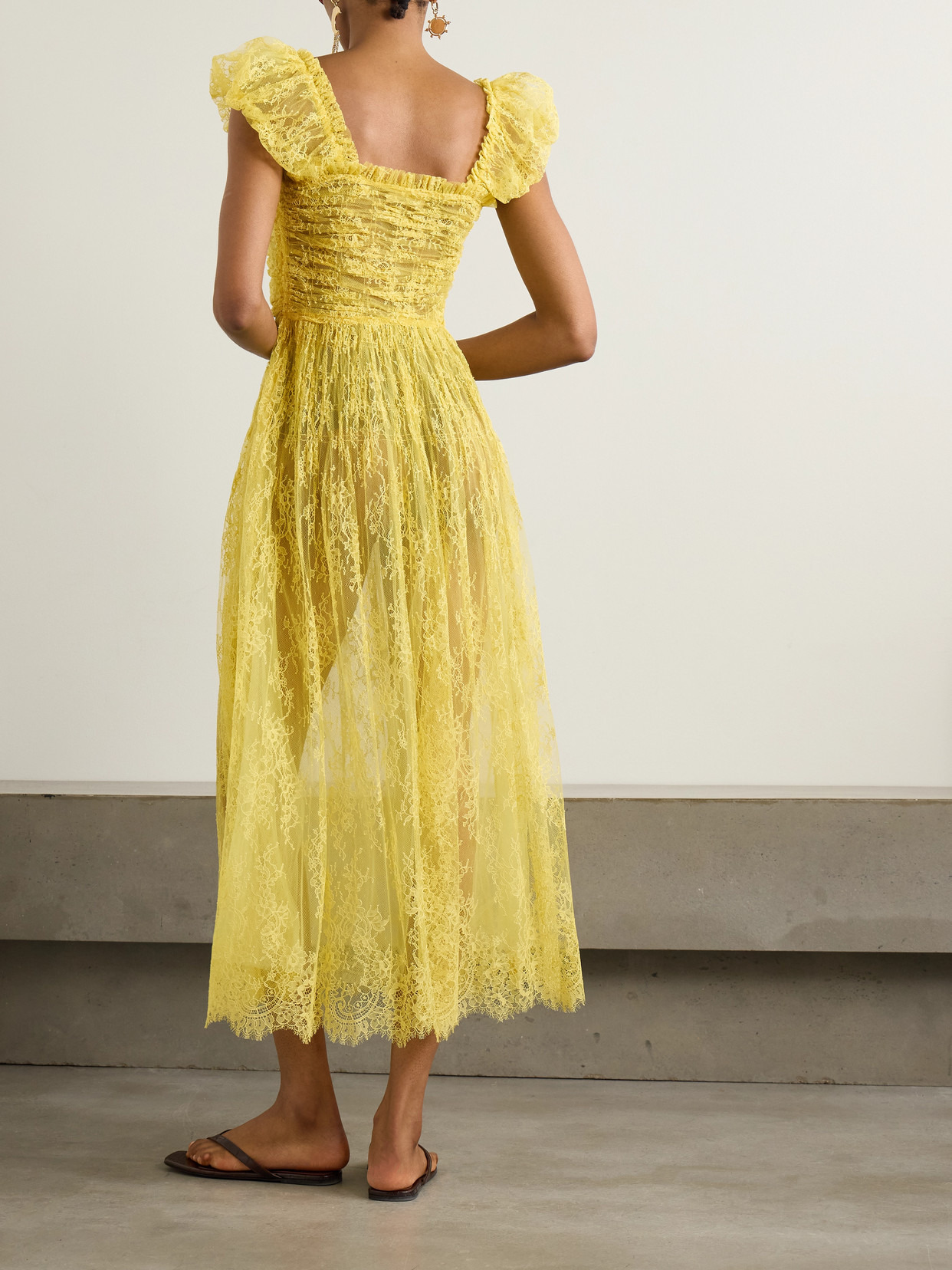 Pamelina Ruffled Shirred Lace Midi Dress - 3