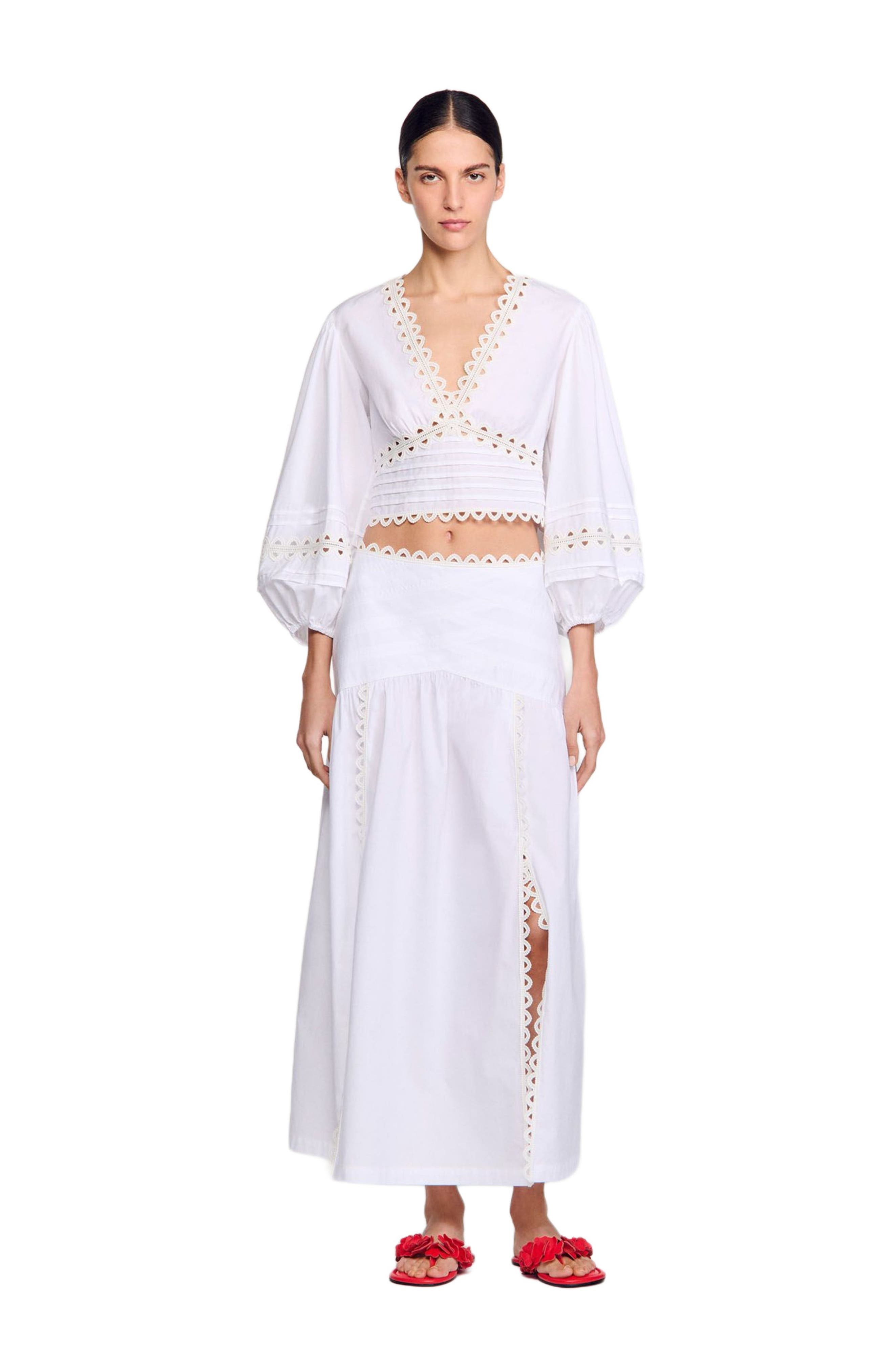 SANDRO Long poplin skirt in White at Nordstrom - 6