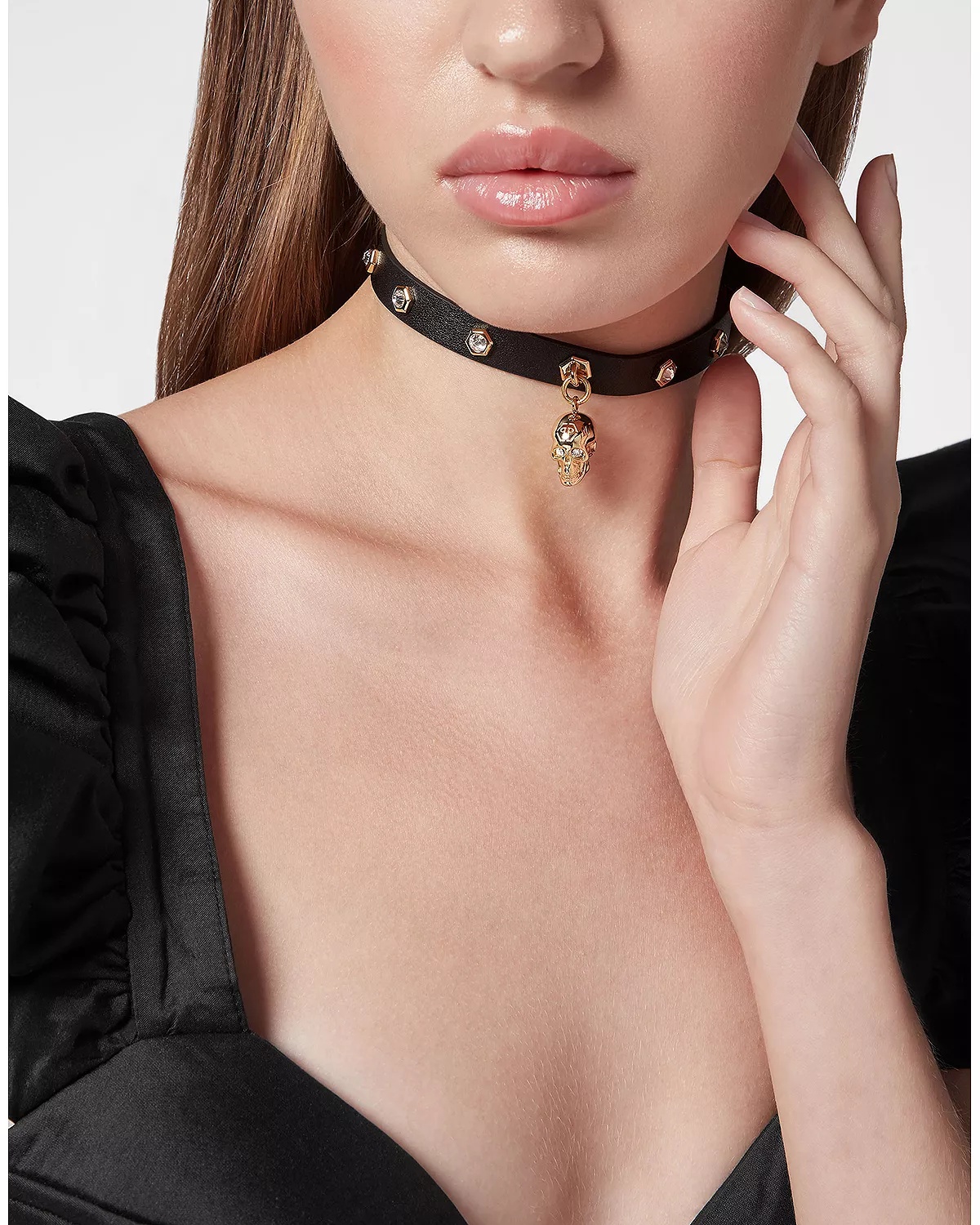 3D $kull Crystal Studded Leather Choker Necklace, 15" - 2