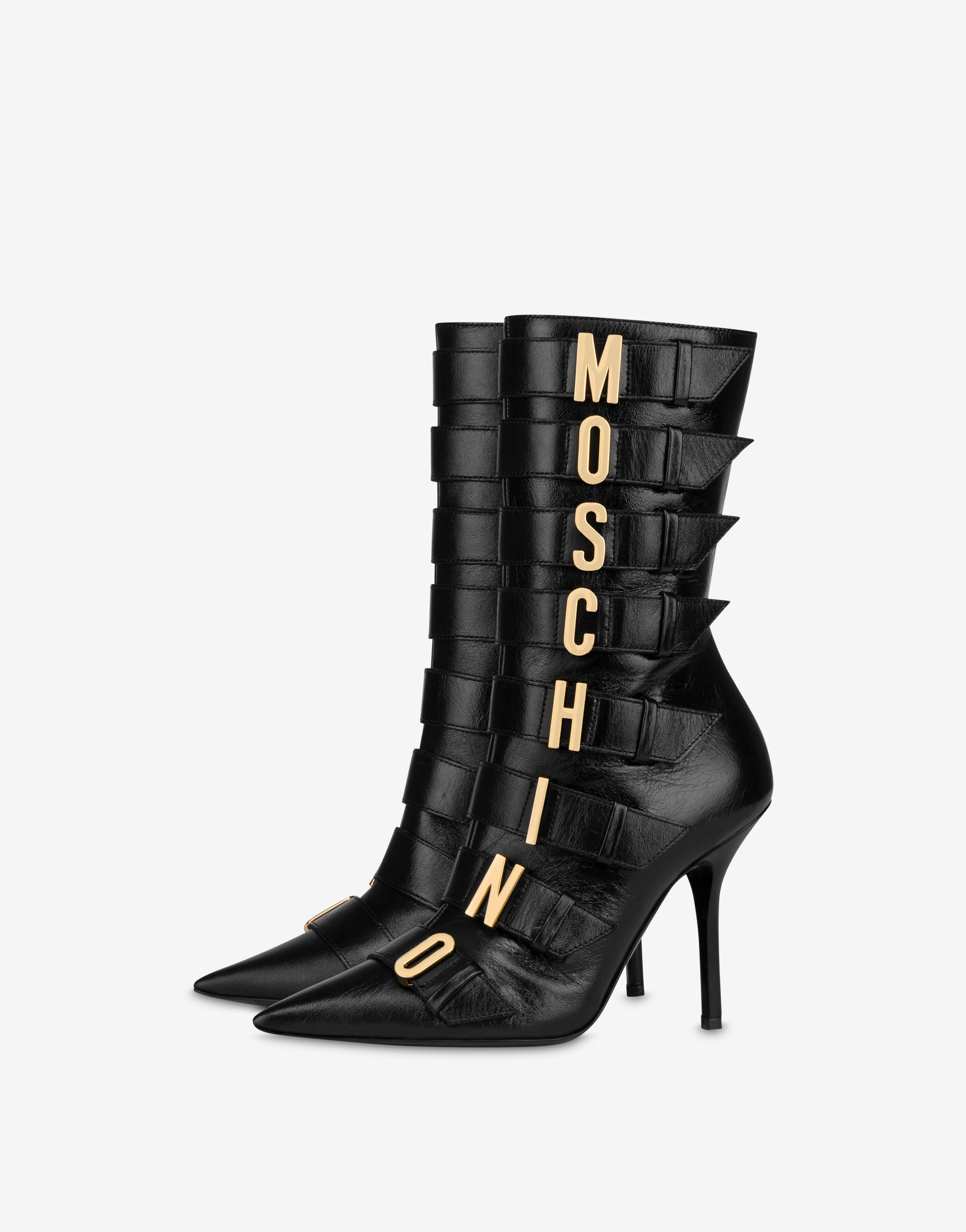 MULTI STRAPS LETTERING CALFSKIN ANKLE BOOTS - 1