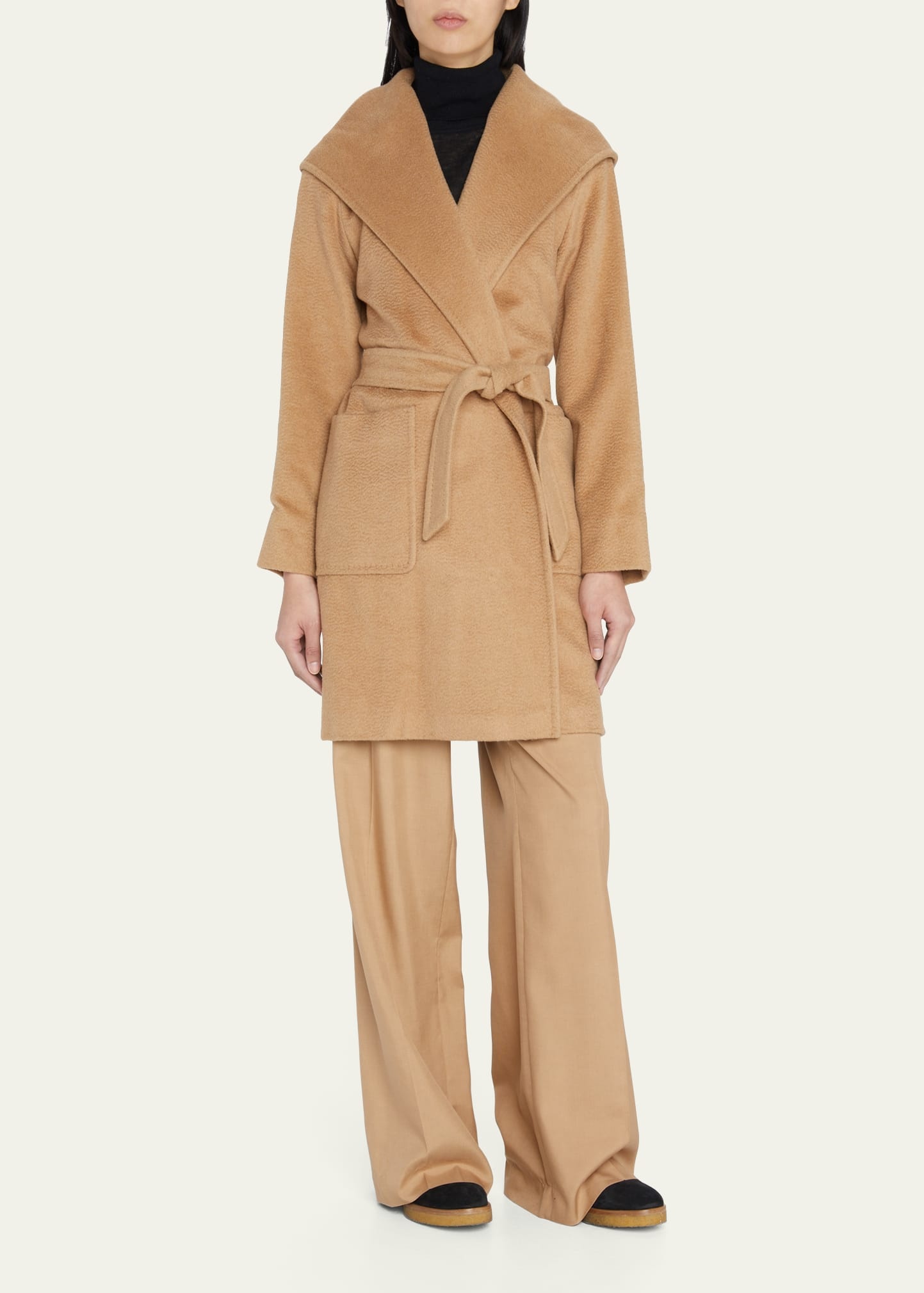 Rialto Camel Hair Belted Short Hooded Coat - 2