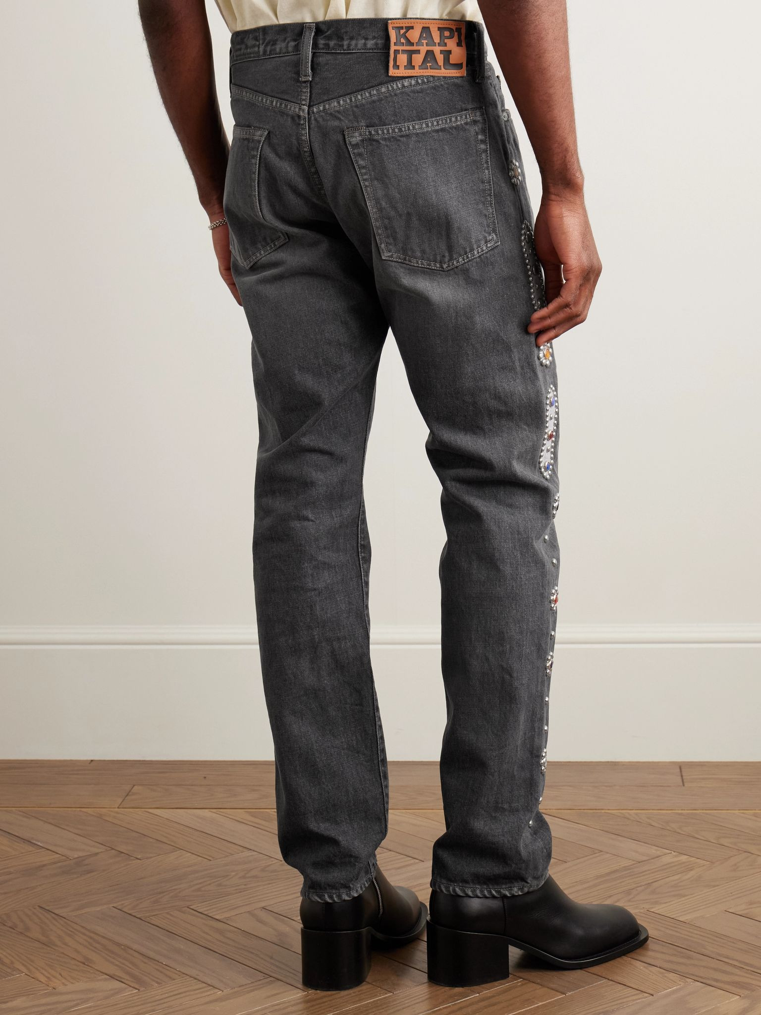 Monkey CISCO Straight-Leg Embellished Leather-Trimmed Jeans Gray - 4