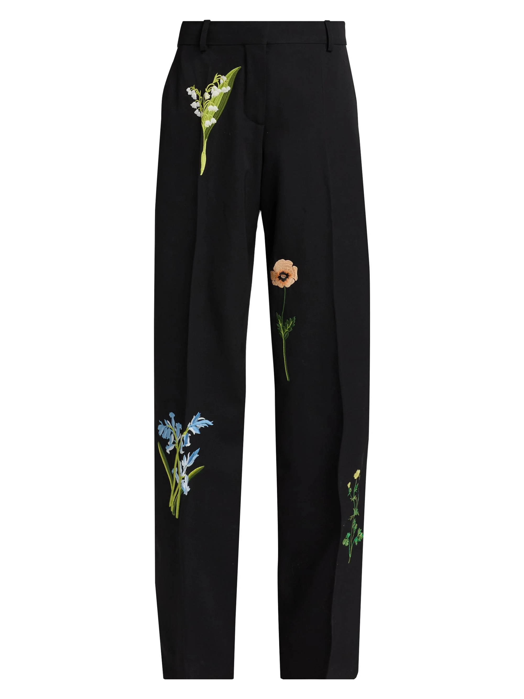 Women's Embroidered Drop Waist Wide-Leg Wool Trousers - Black - 1