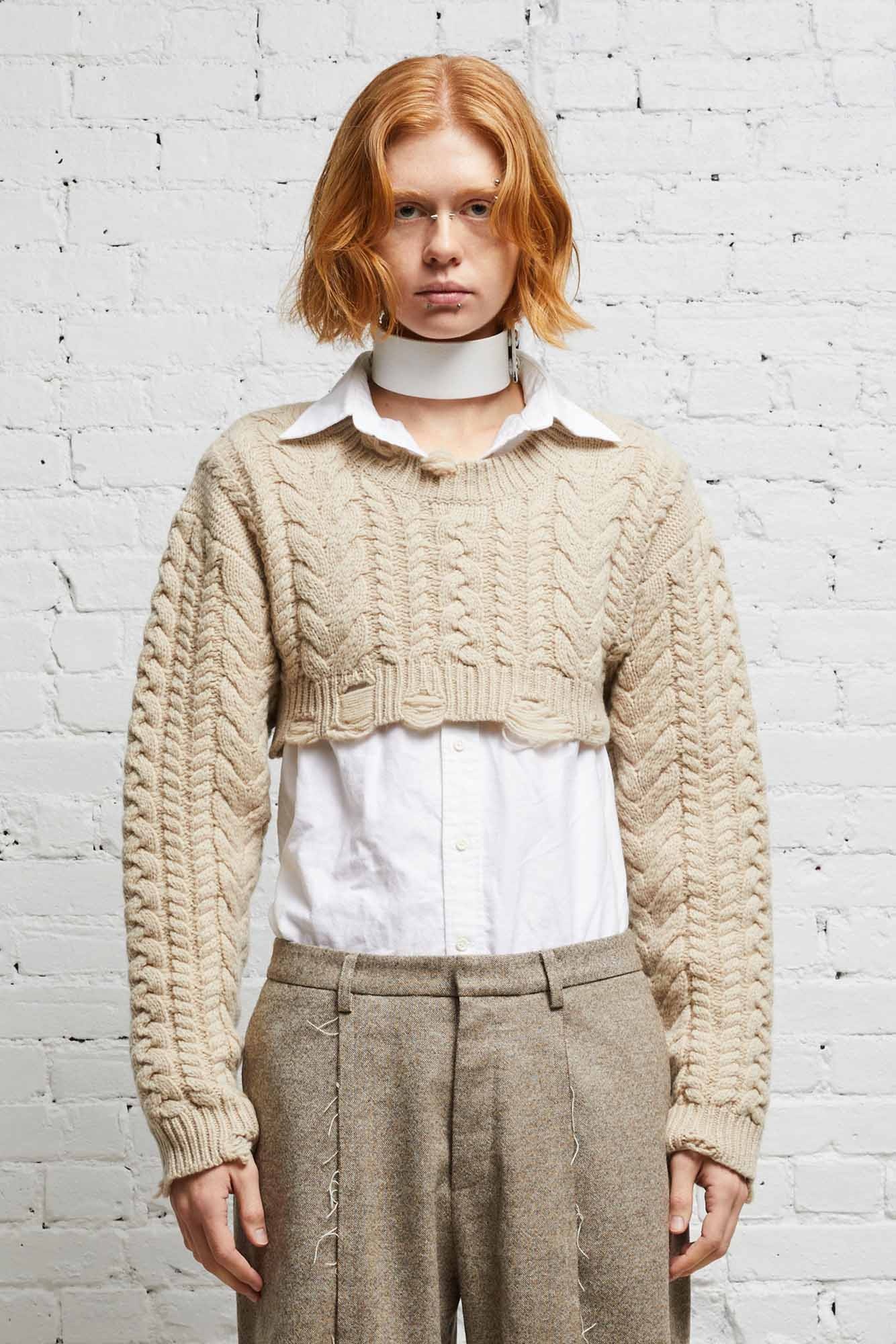 CROPPED CABLE SWEATER - OATMEAL - 3