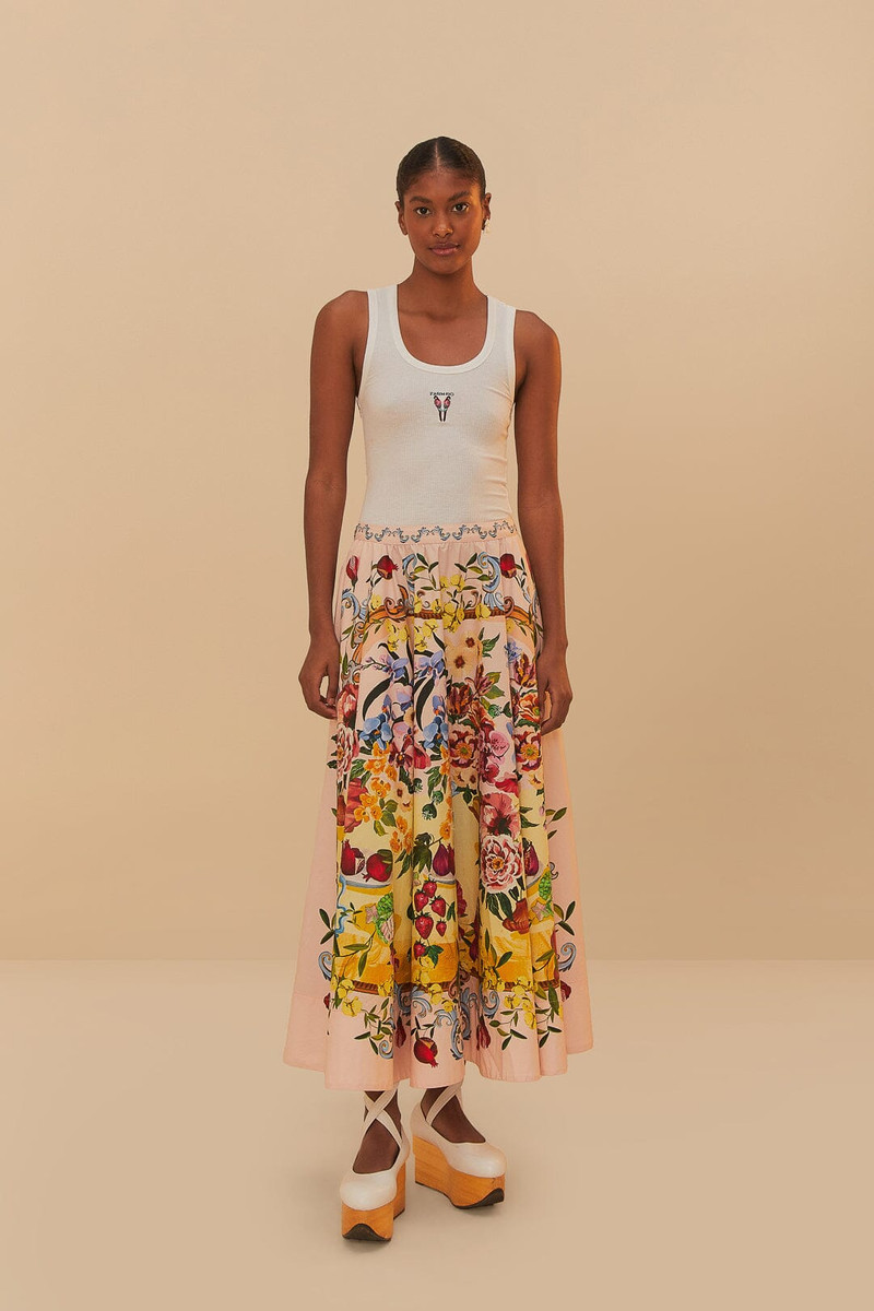 FARM RIO Pink Garden Terrace Organic Cotton Midi Skirt outlook
