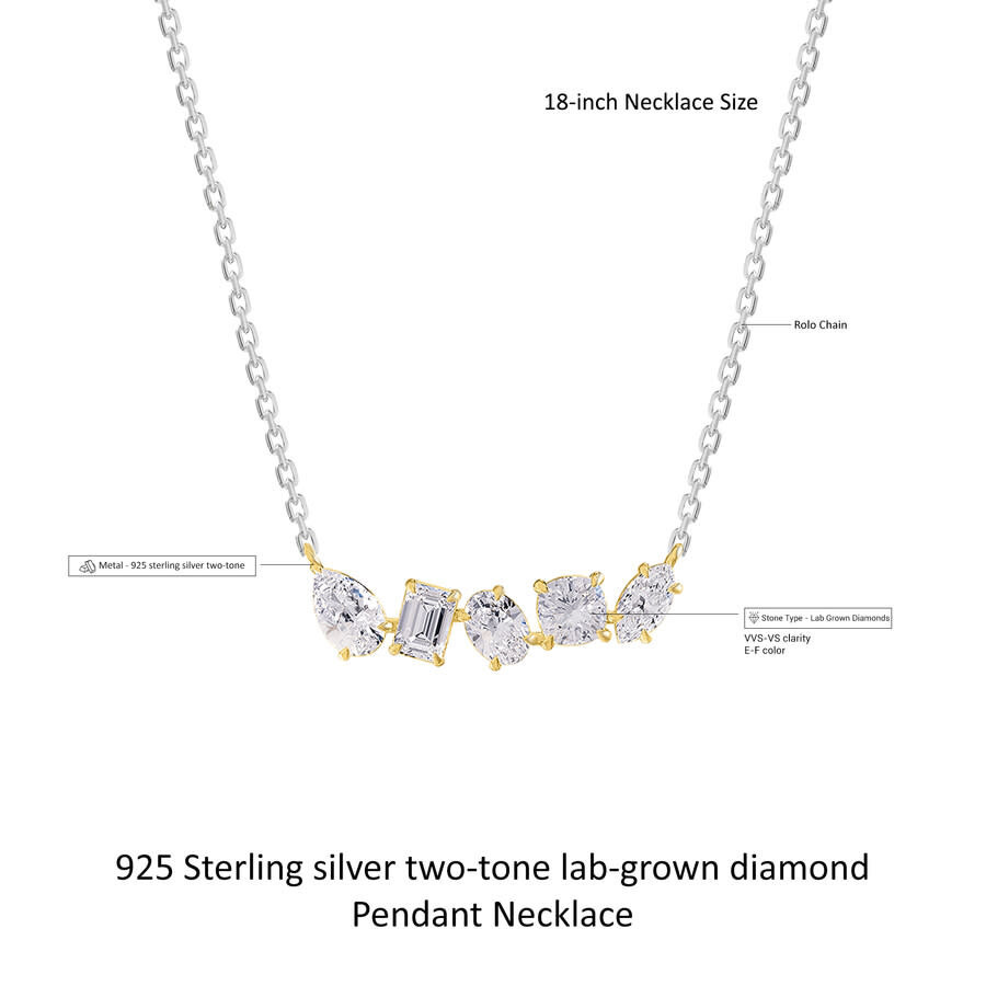 Diamond2Deal - Diamond2Deal 925 Sterling Silver Two-tone 2 Ct Multi Shape Lab Grown Diamond Pendant Necklace 18" VV - 2