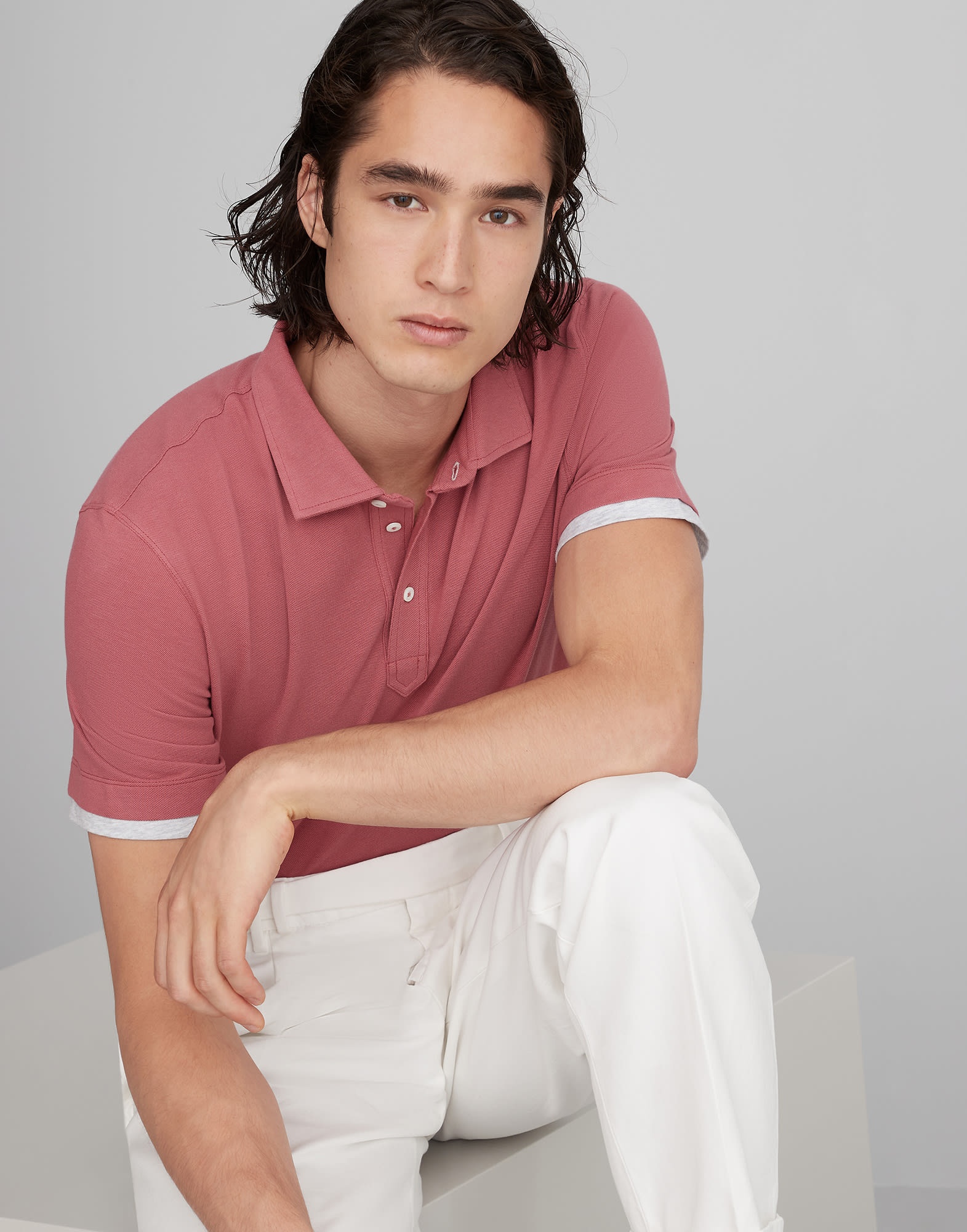 Cotton piqué shirt-style collar polo with faux-layering - 4
