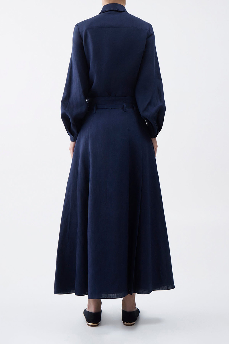 Dugald Pleated Skirt in Navy Aloe Linen 4