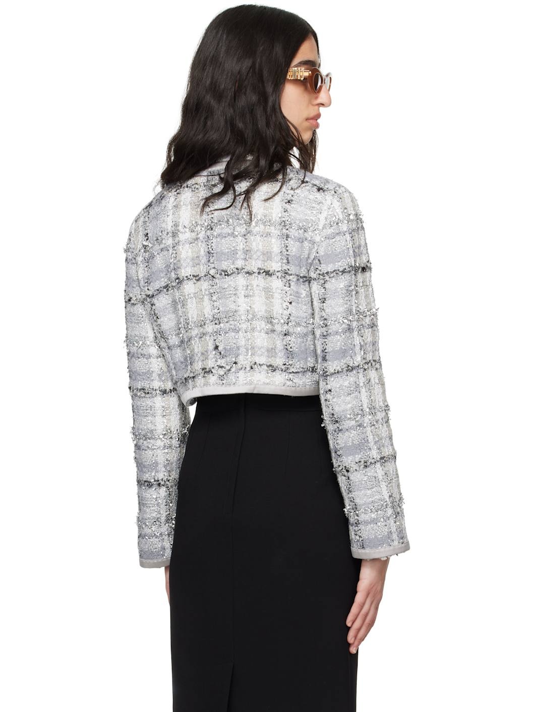 Gray Short Check Lurex Raschel Tweed Jacket - 3
