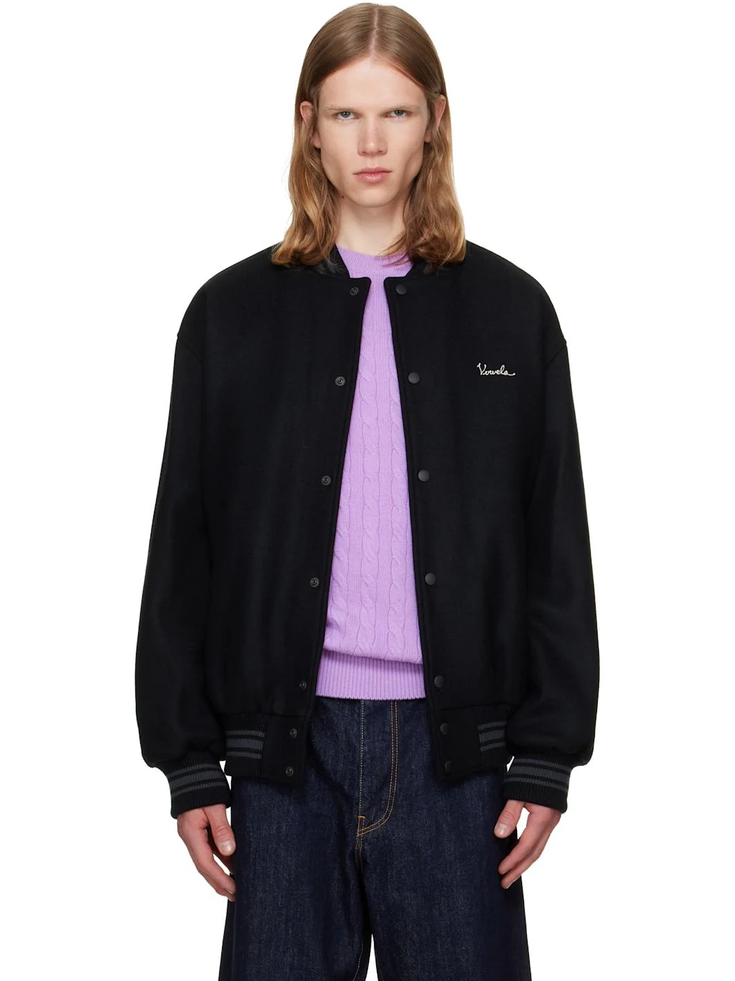 Black Wool Varsity Bomber Jacket - 1