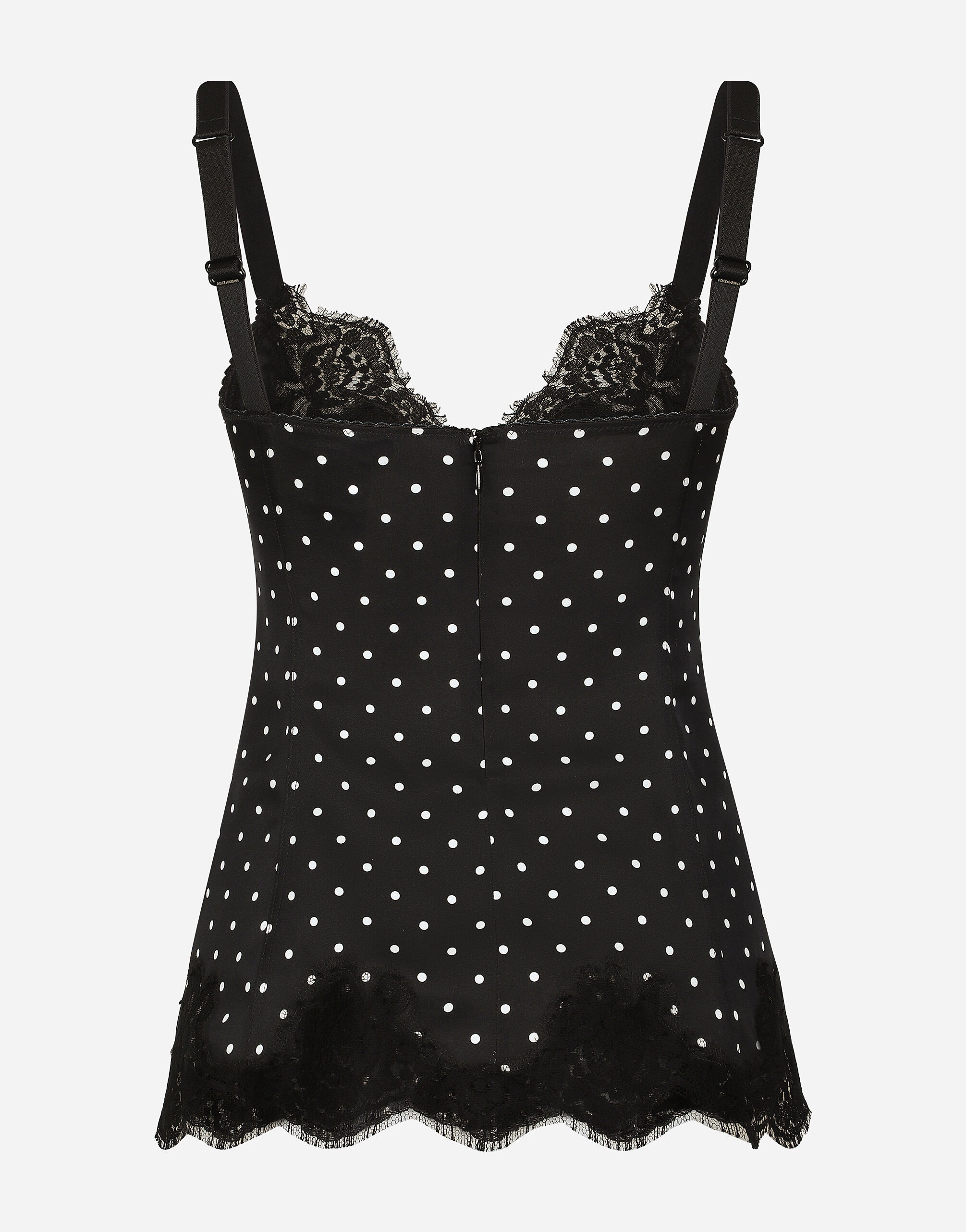 Silk lingerie-style top with polka-dot print and lace detailing - 2