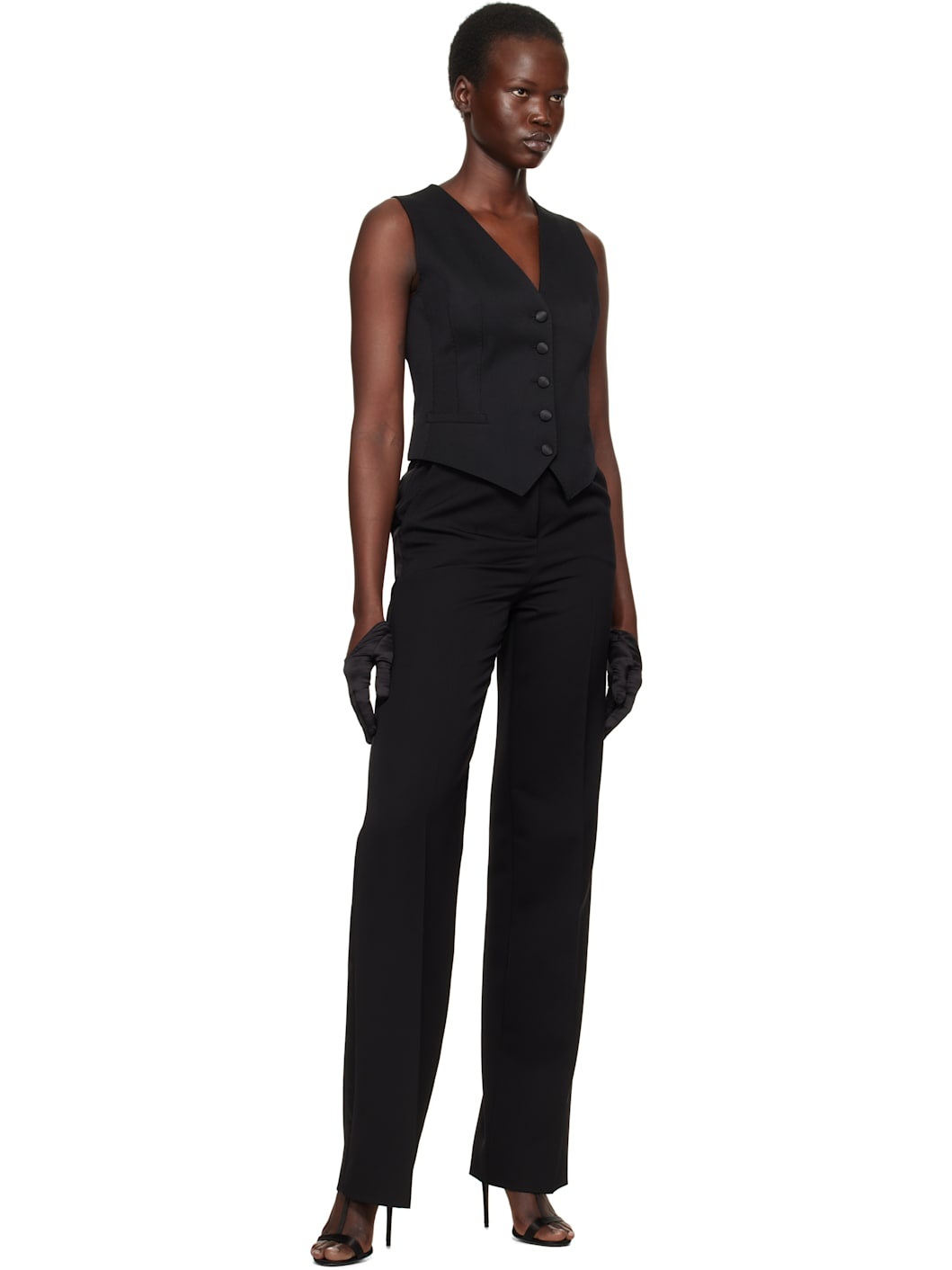 Black Wool Gabardine Tuxedo Trousers - 4