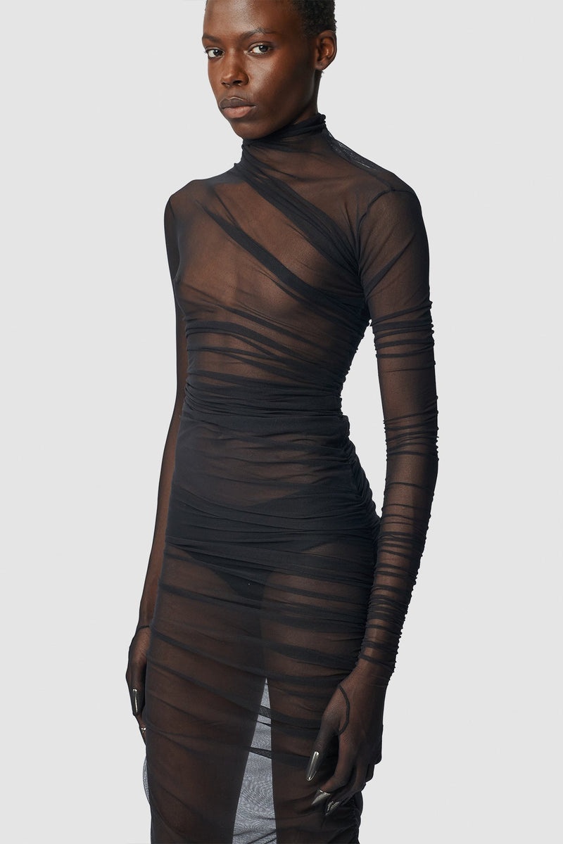Patty Long Draped Dress With Gloved Sleeves - 4
