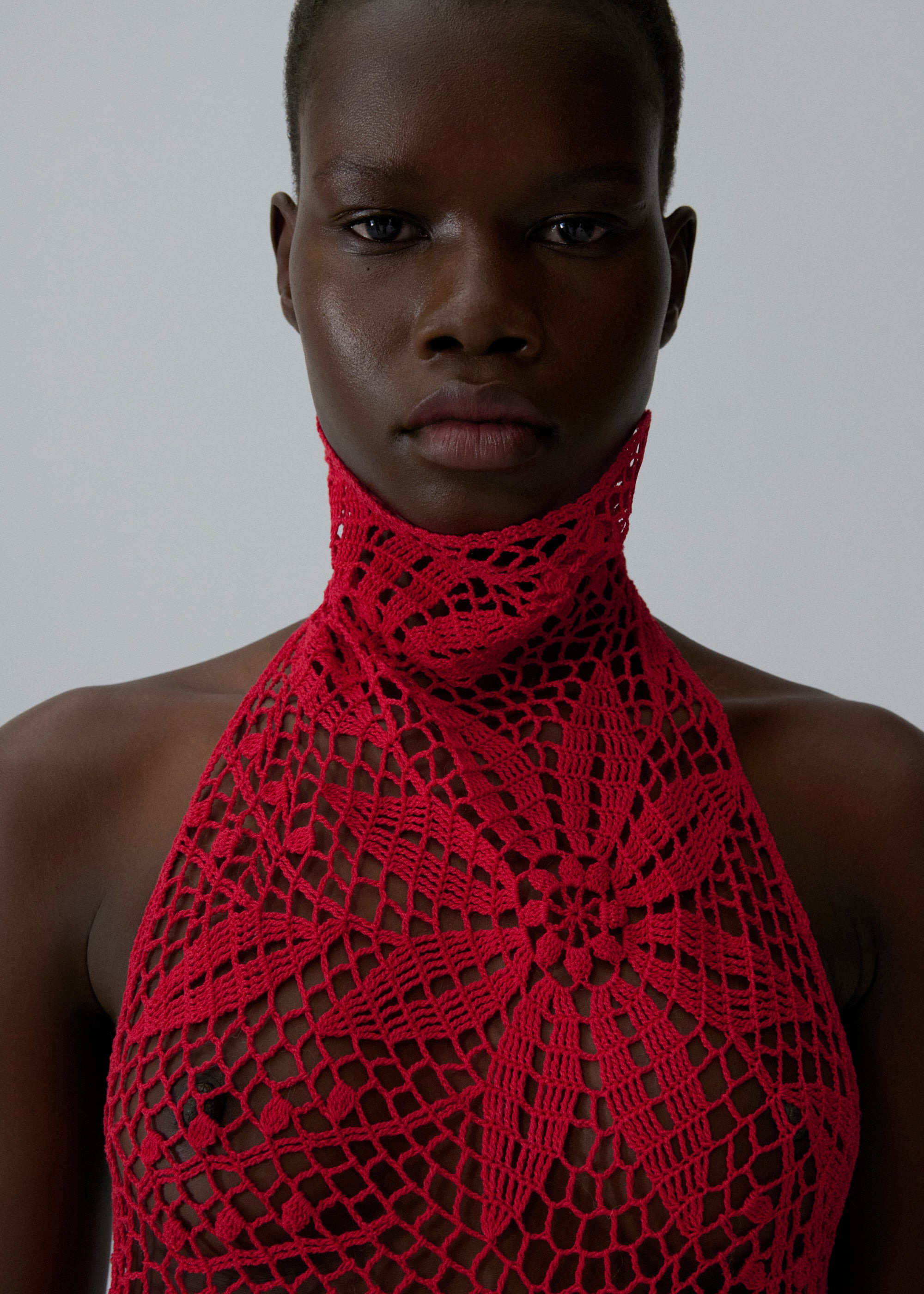 Lace crochet high neck blouse in red - 4