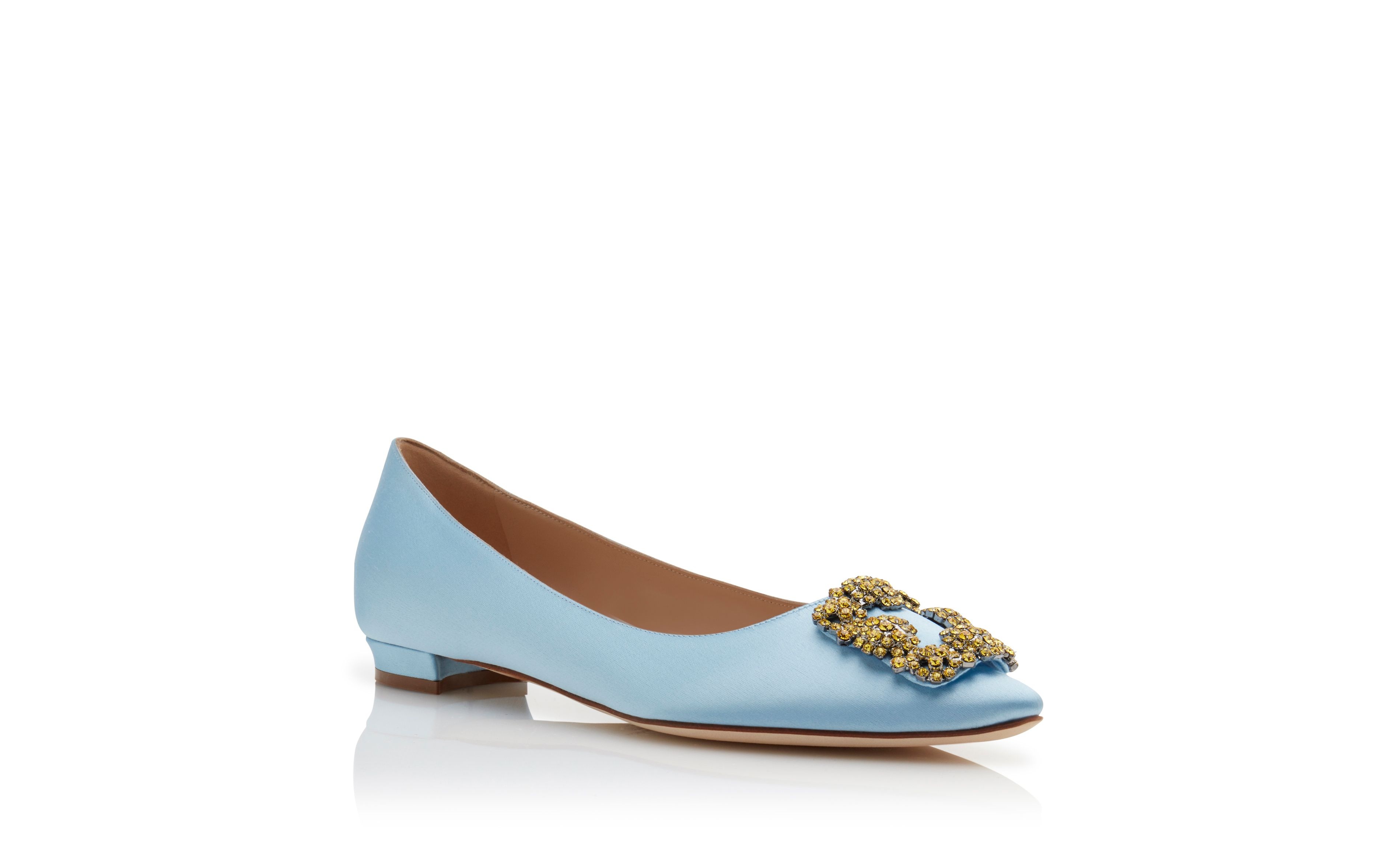 Light Blue Satin Jewel Buckle Flat Shoes - 3