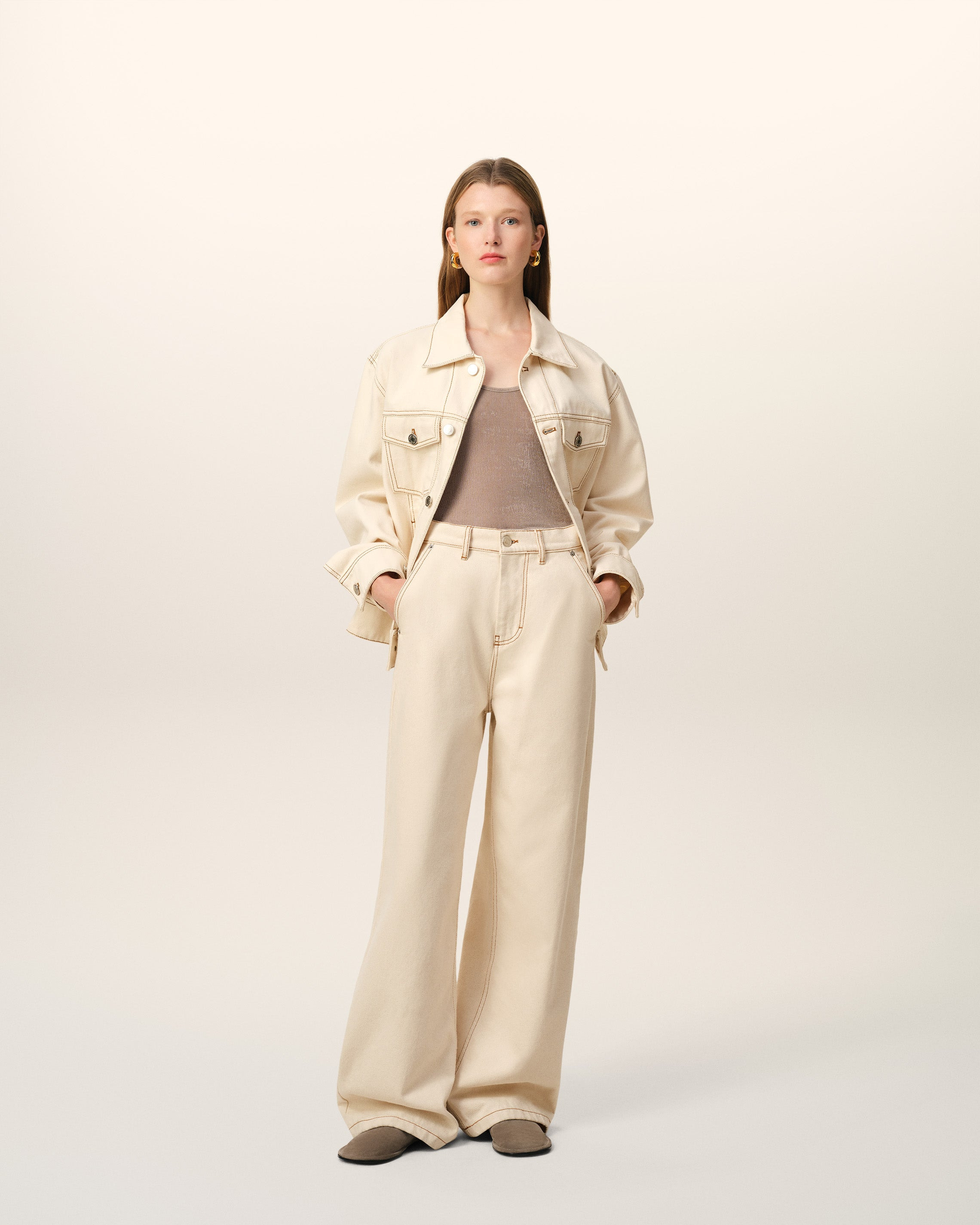 BEIGE COTTON WIDE FIT JEANS - 2