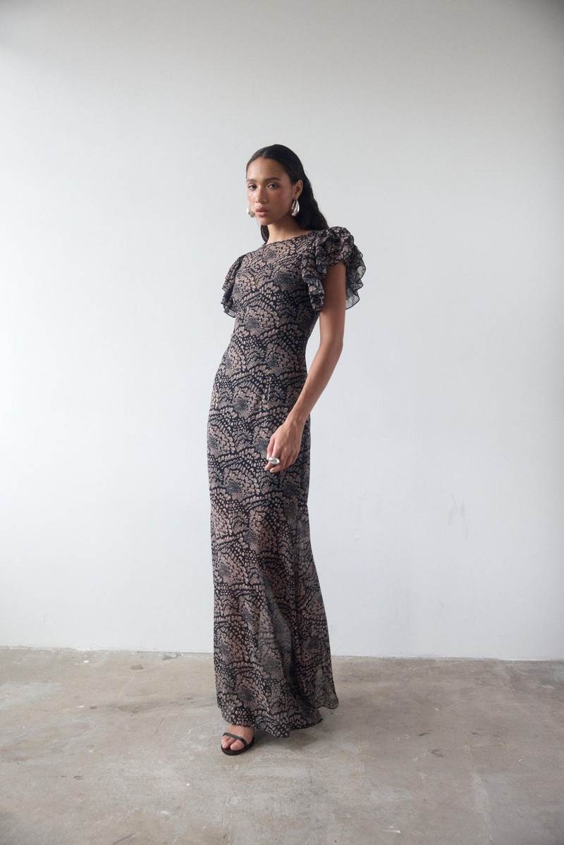 De La Vali BOUGAINVILLEA CHIFFON MAXI DRESS IN FEATHER PRINT outlook