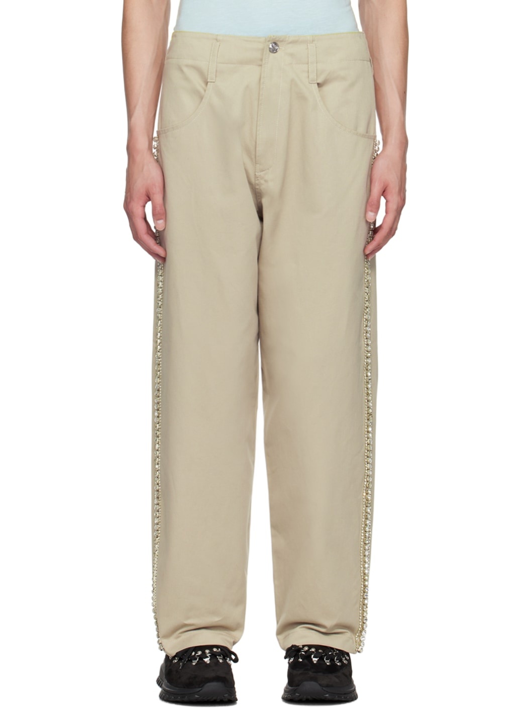 Beige Embroidered Trousers - 1